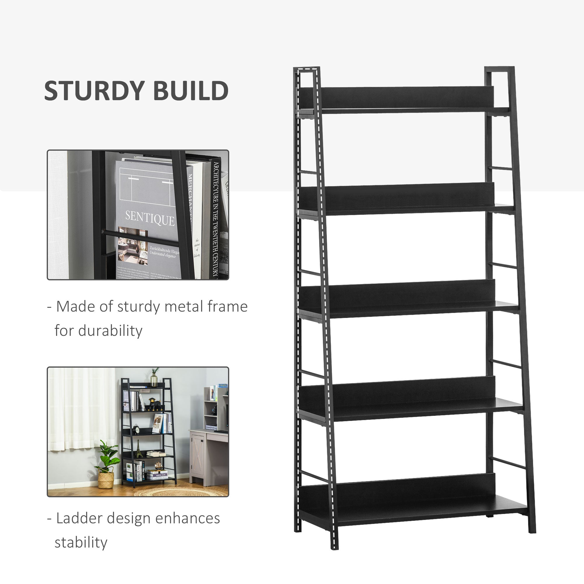 Modern Bookshelf Storage with 5-Tier Wide Shelving, Metal Frame, Wooden Bookcase for Living Room Library Home Furniture, Black Display Bookshelves   at Gallery Canada