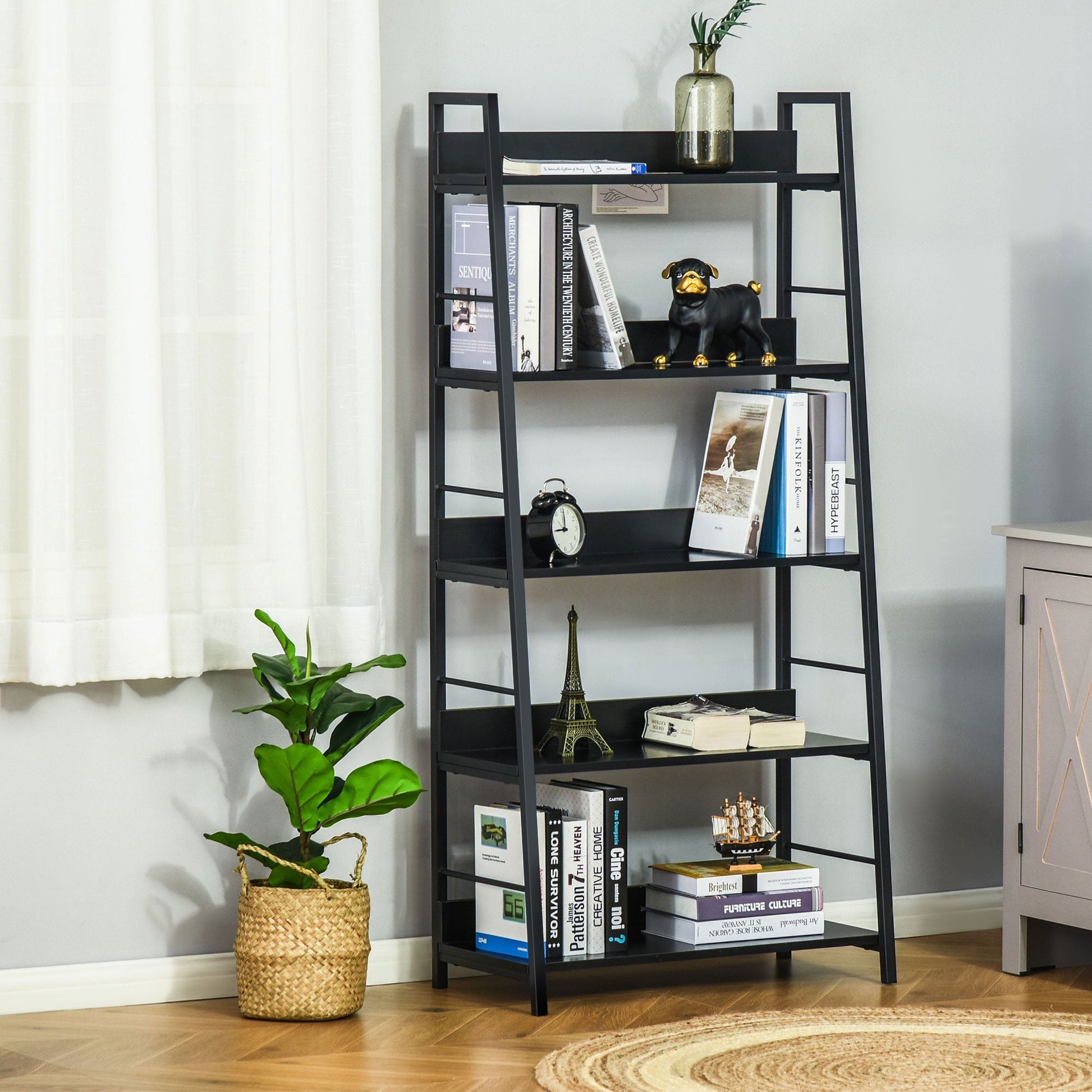 Modern Bookshelf Storage with 5-Tier Wide Shelving, Metal Frame, Wooden Bookcase for Living Room Library Home Furniture, Black Display Bookshelves   at Gallery Canada