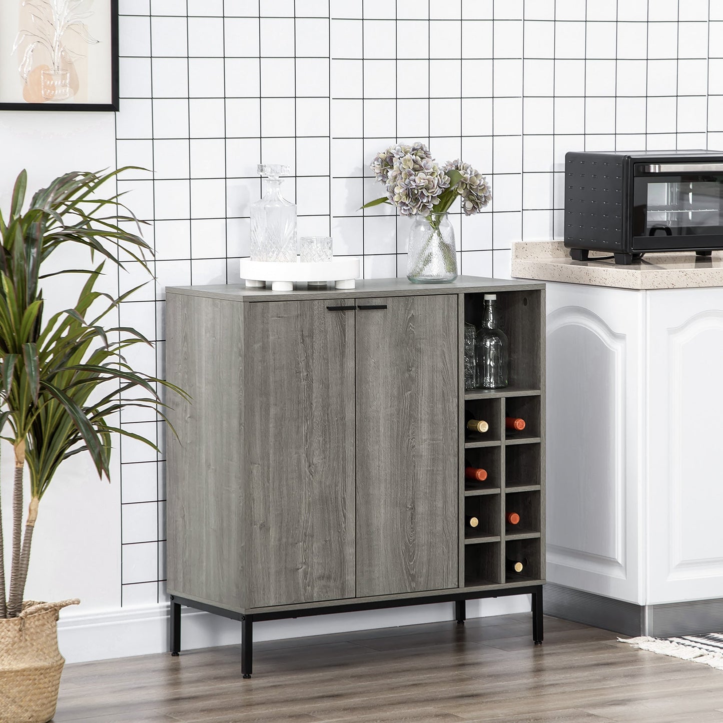 Buffet Cabinet with Wine Glass Rack, 8-Grid Wine Rack, Adjustable Shelves, Grey Bar Cabinets   at Gallery Canada