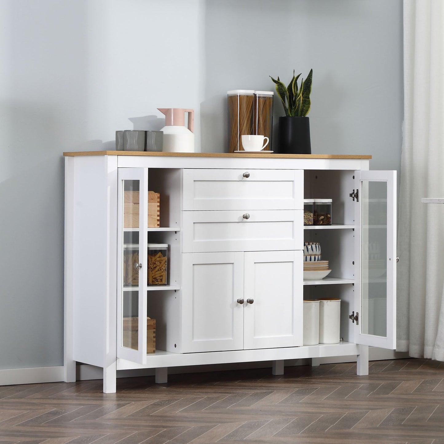 Modern Buffet Cabinet Sideboard with Storage Cupboard Glass Doors and Adjustable Shelves for Kitchen Living Room Oak White Bar Cabinets   at Gallery Canada