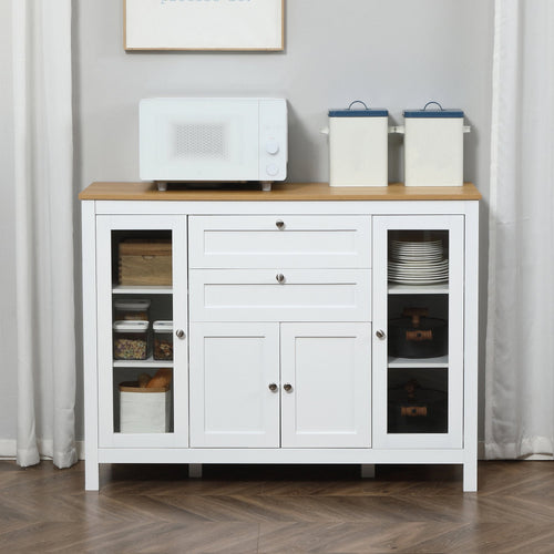 Modern Buffet Cabinet Sideboard with Storage Cupboard Glass Doors and Adjustable Shelves for Kitchen Living Room Oak White