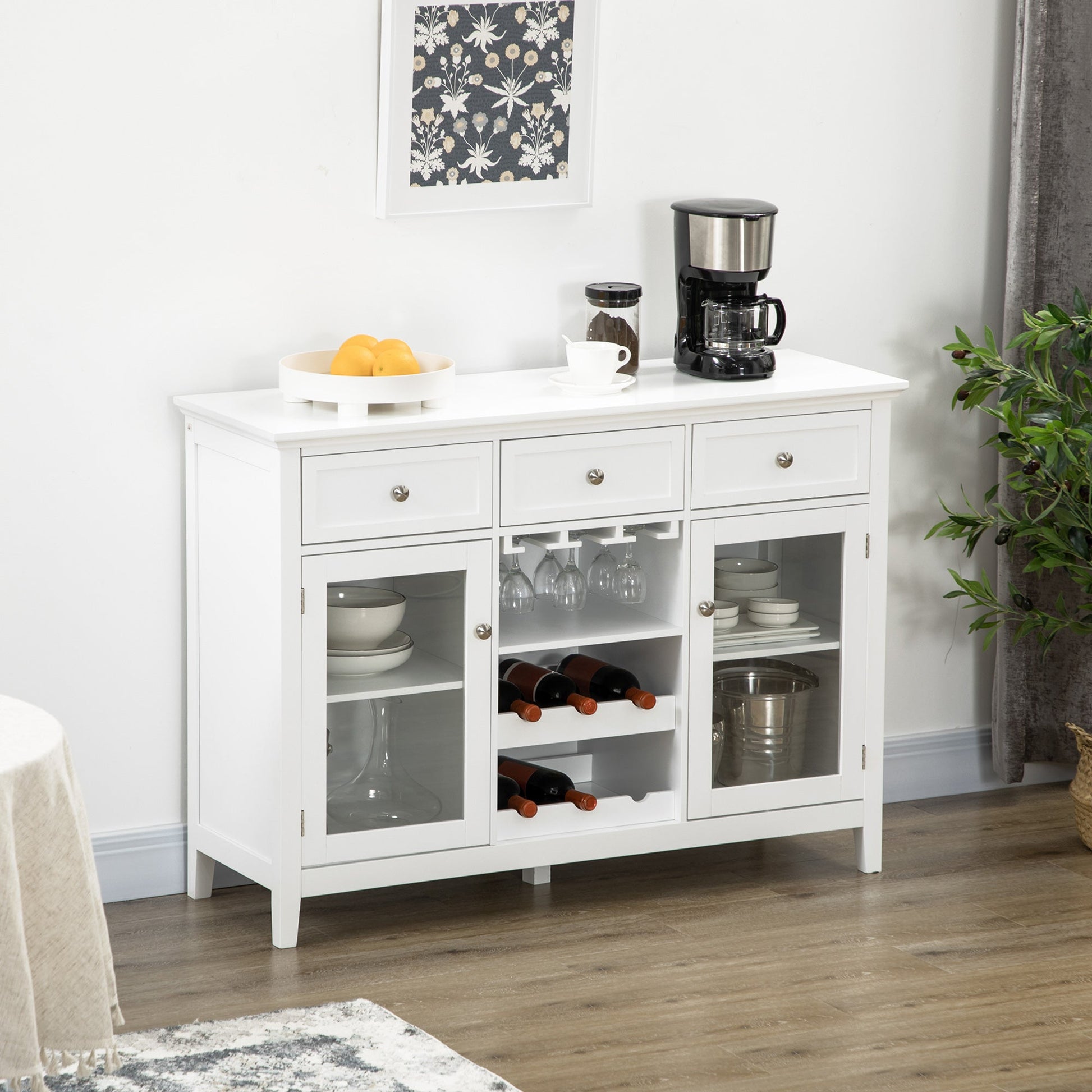 Modern Buffet Sideboard with Glass Doors, Kitchen Cabinet with 3 Drawers and Wine Storage, Coffee Bar Cabinet, White Bar Cabinets   at Gallery Canada
