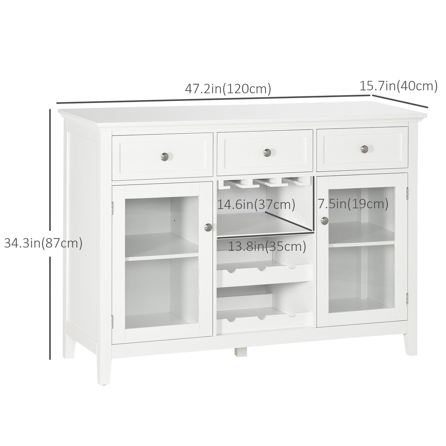 Modern Buffet Sideboard with Glass Doors, Kitchen Cabinet with 3 Drawers and Wine Storage, Coffee Bar Cabinet, White Bar Cabinets   at Gallery Canada