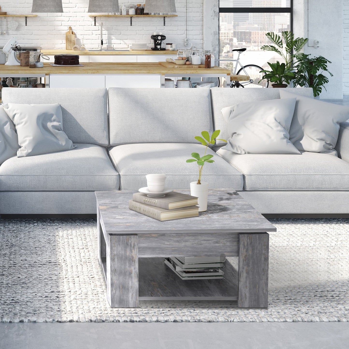 Modern Coffee Table with Storage Shelf, Square Cocktail Table, Center Table for Living Room, Grey Coffee Tables   at Gallery Canada