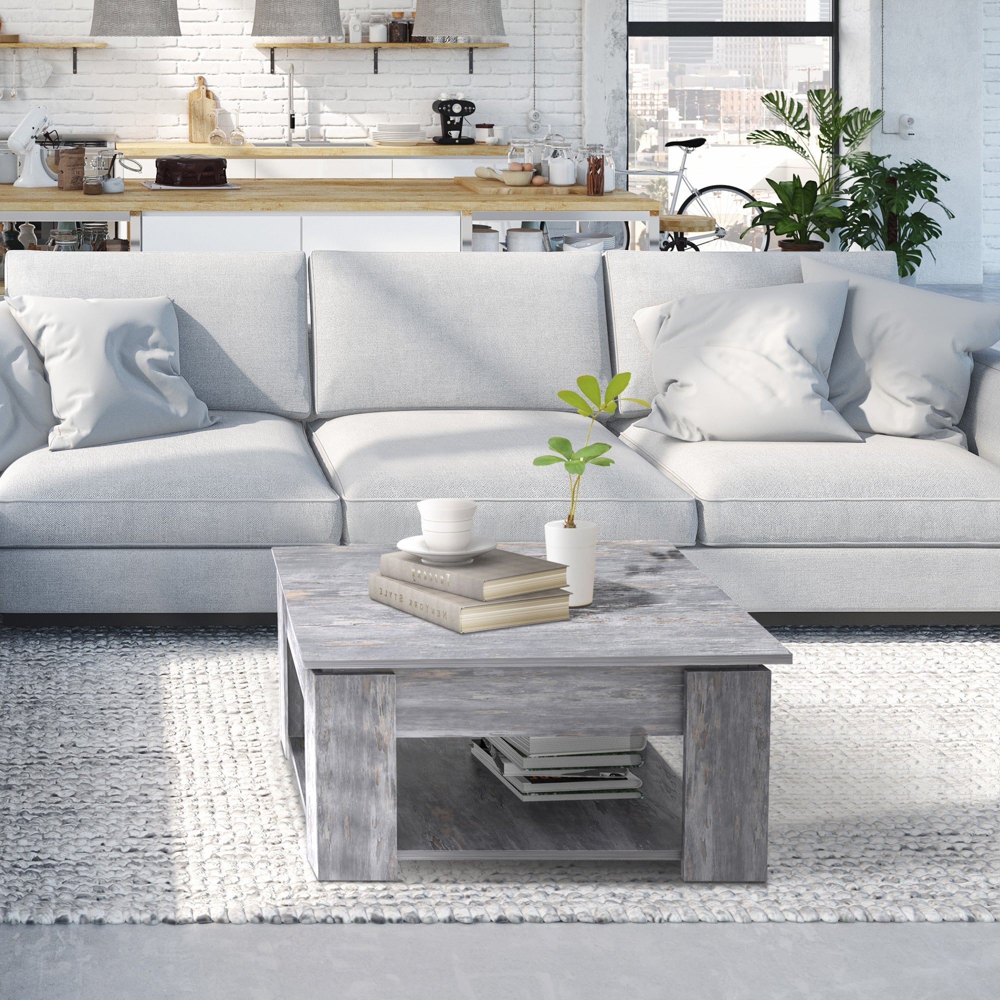 Modern Coffee Table with Storage Shelf, Square Cocktail Table, Center Table for Living Room, Grey Coffee Tables   at Gallery Canada