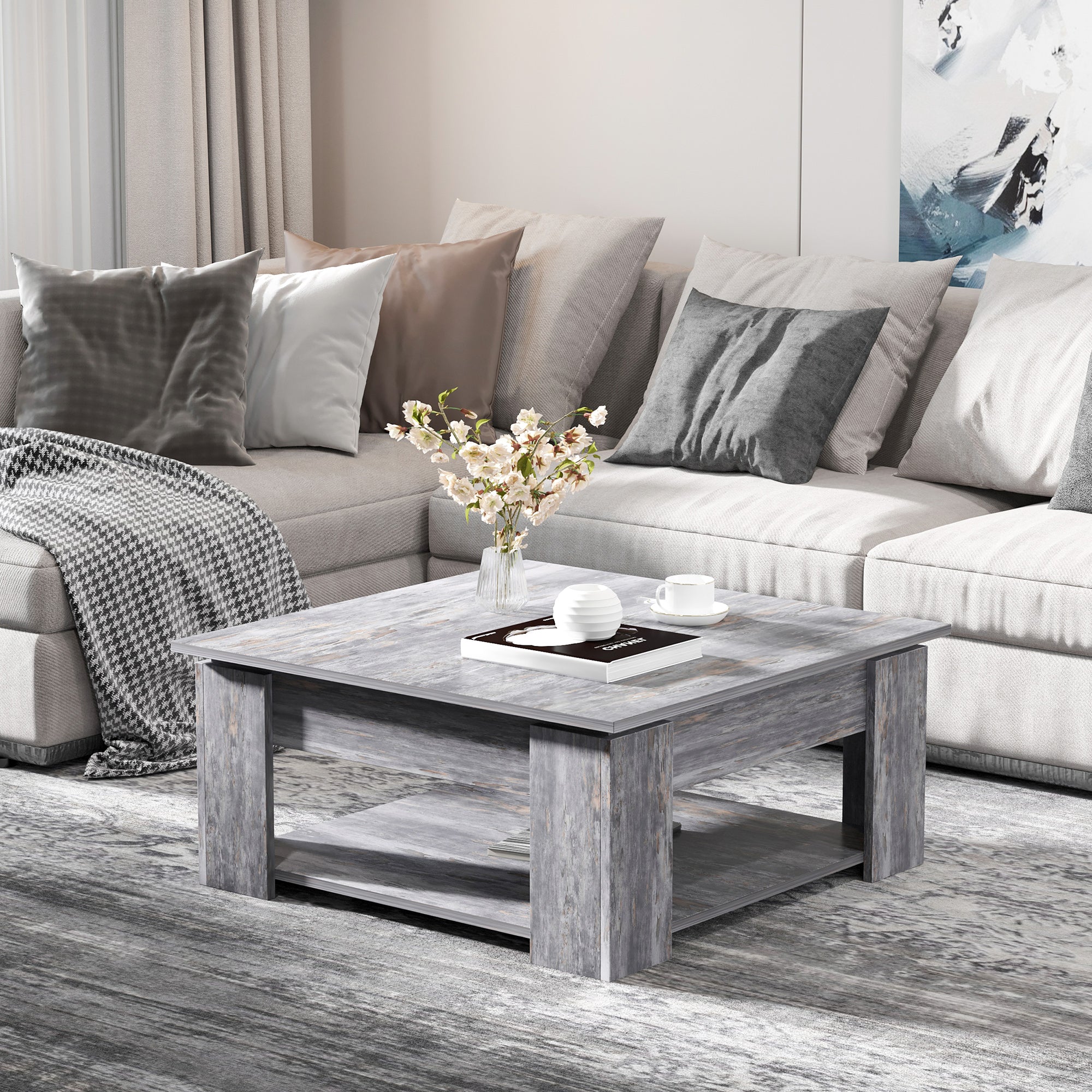 Modern Coffee Table with Storage Shelf, Square Cocktail Table, Center Table for Living Room, Grey Coffee Tables   at Gallery Canada