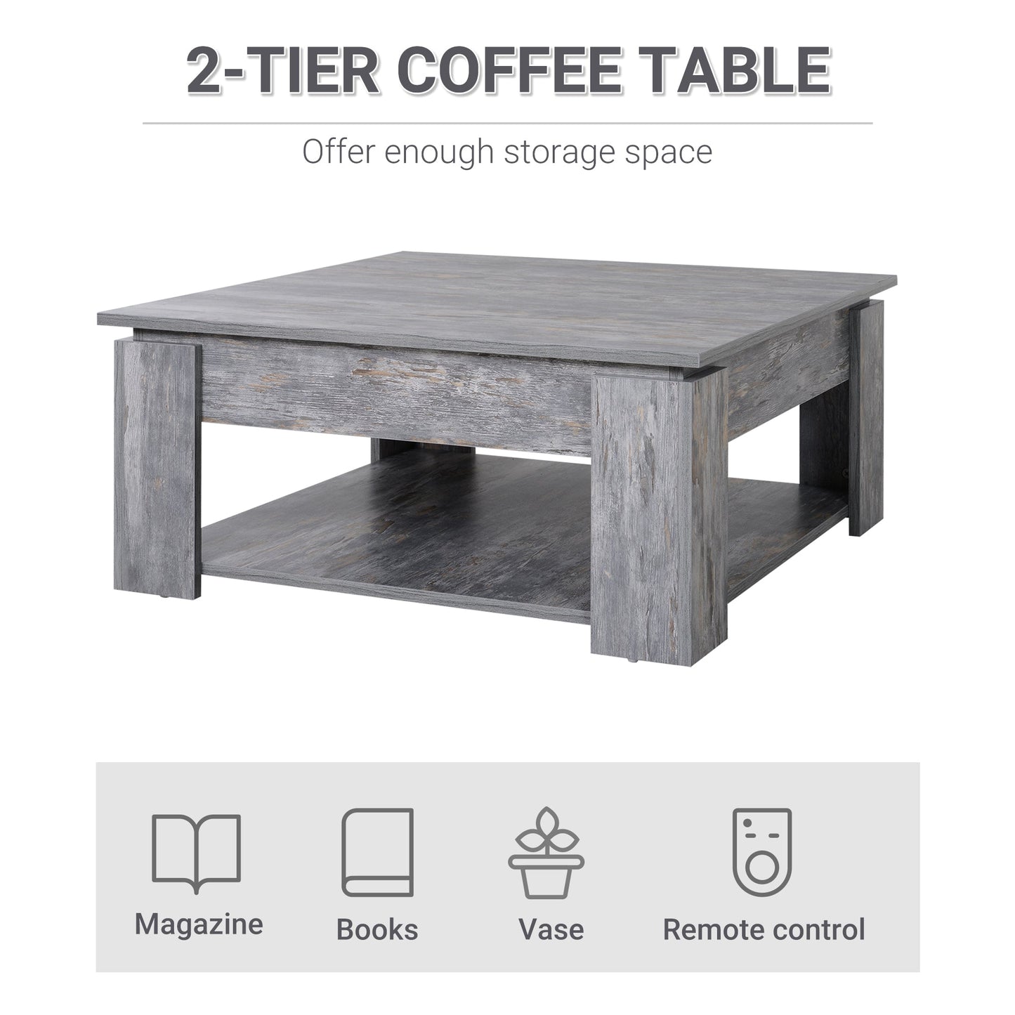 Modern Coffee Table with Storage Shelf, Square Cocktail Table, Center Table for Living Room, Grey Coffee Tables   at Gallery Canada