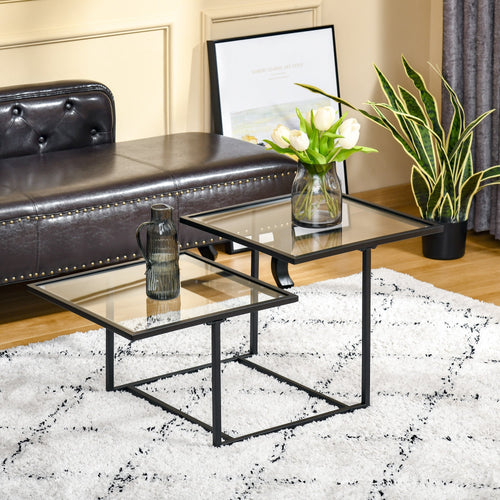 Modern Coffee Table with Tempered Glass Tabletops, 2-Tier Accent Side Table with Metal Frame Adjustable Foot for Living Room, Black