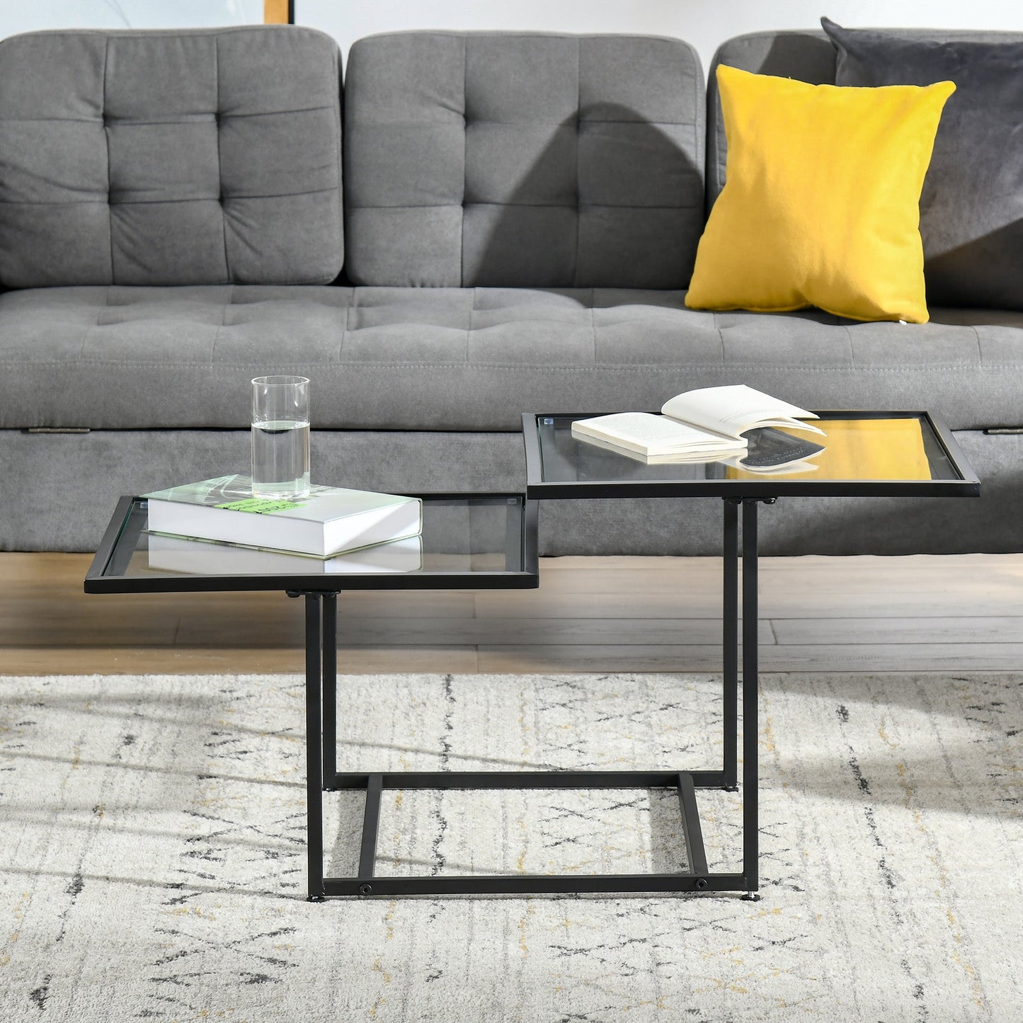 Modern Coffee Table with Tempered Glass Tabletops, 2-Tier Accent Side Table with Metal Frame Adjustable Foot for Living Room, Black - Gallery Canada