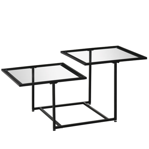 Modern Coffee Table with Tempered Glass Tabletops, 2-Tier Accent Side Table with Metal Frame Adjustable Foot for Living Room, Black