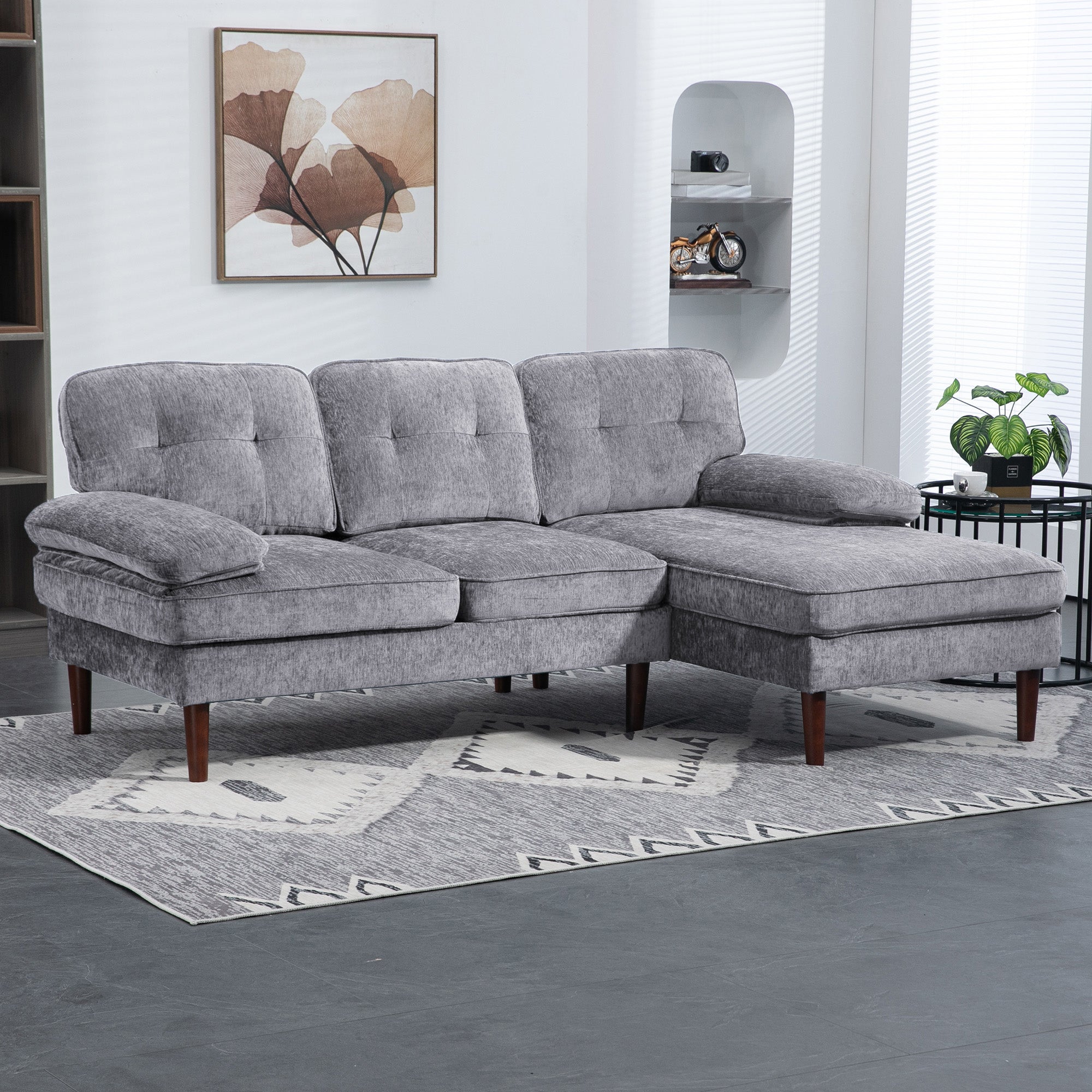 Modern Corner Couch with Right Chaise Lounge, Tufted 3-Seater Sofa with Wooden Legs for Living Room, Bedroom, Grey 3-Seater Sofas   at Gallery Canada