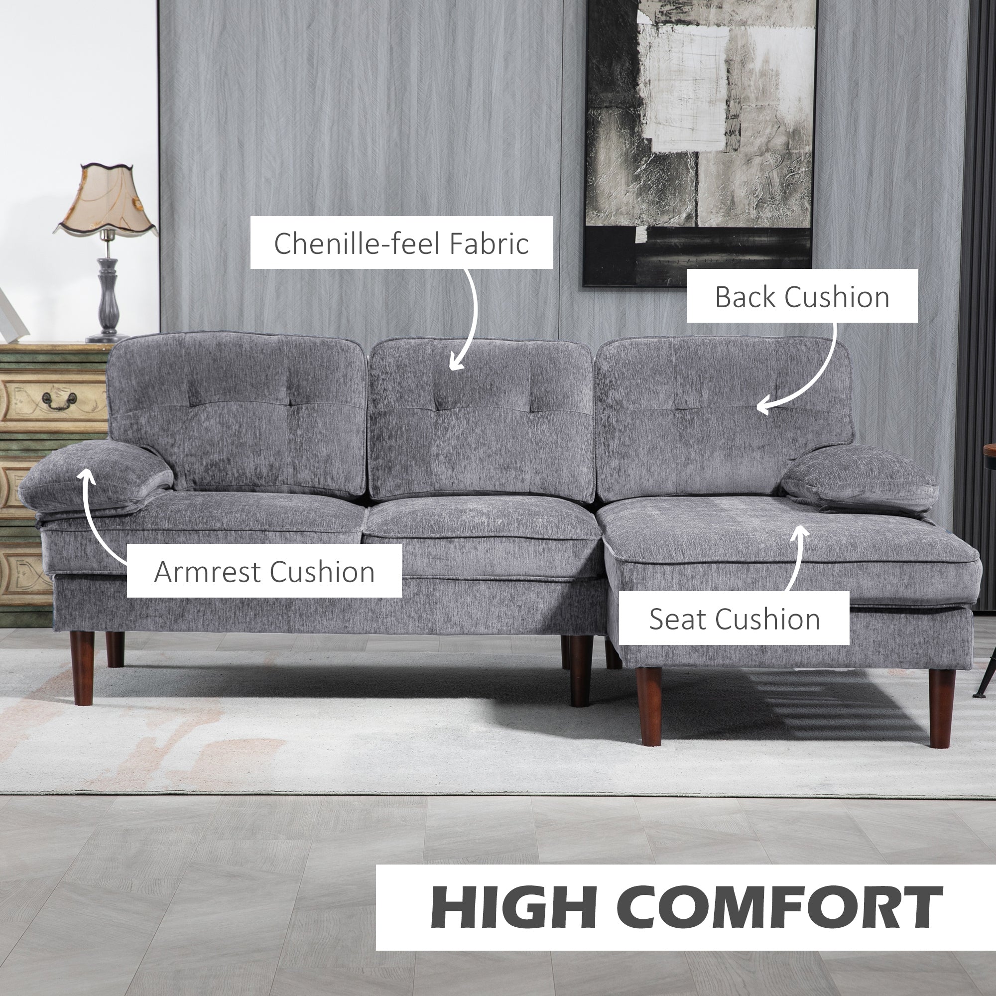 Modern Corner Couch with Right Chaise Lounge, Tufted 3-Seater Sofa with Wooden Legs for Living Room, Bedroom, Grey 3-Seater Sofas   at Gallery Canada