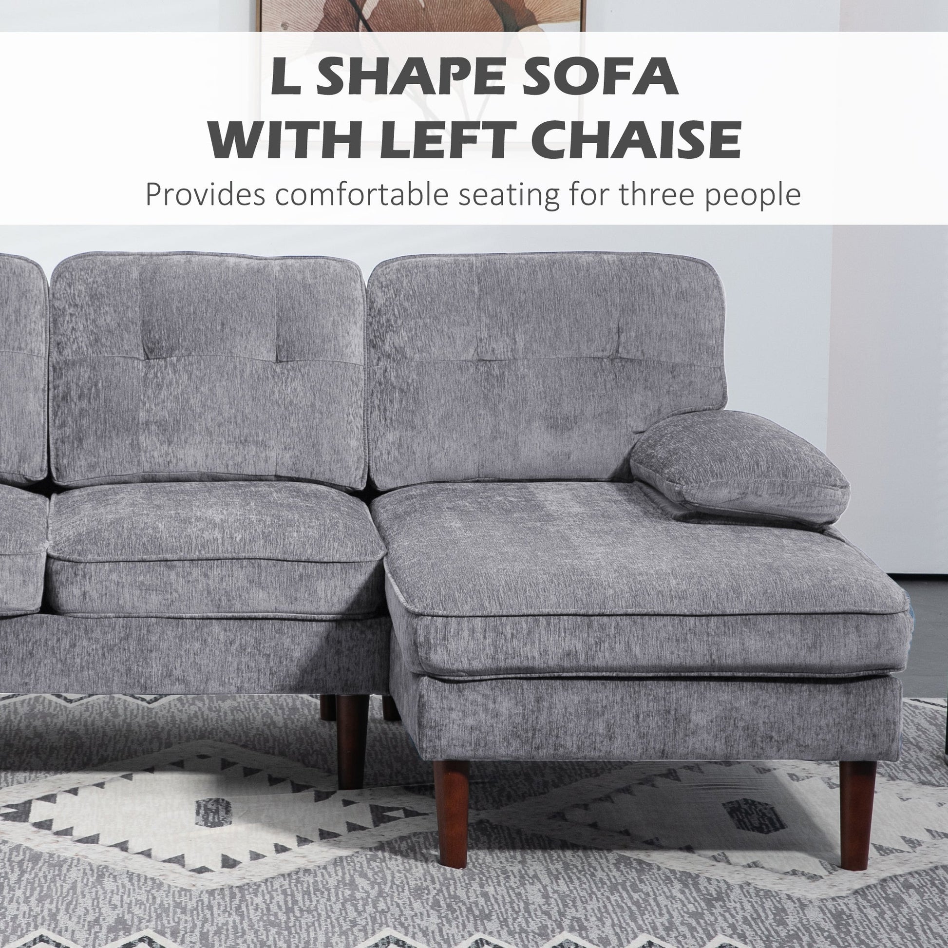 Modern Corner Couch with Right Chaise Lounge, Tufted 3-Seater Sofa with Wooden Legs for Living Room, Bedroom, Grey 3-Seater Sofas   at Gallery Canada