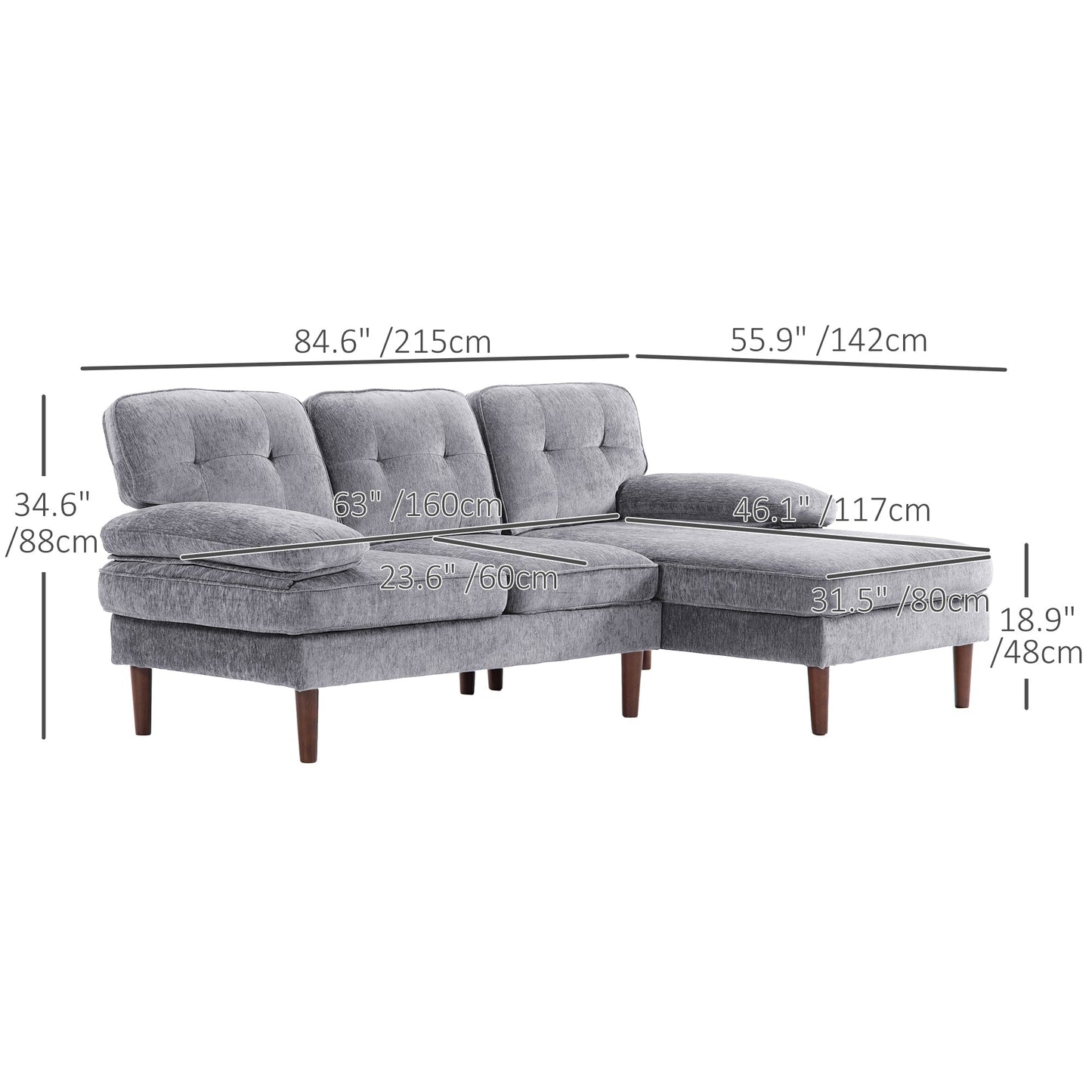 Modern Corner Couch with Right Chaise Lounge, Tufted 3-Seater Sofa with Wooden Legs for Living Room, Bedroom, Grey 3-Seater Sofas   at Gallery Canada