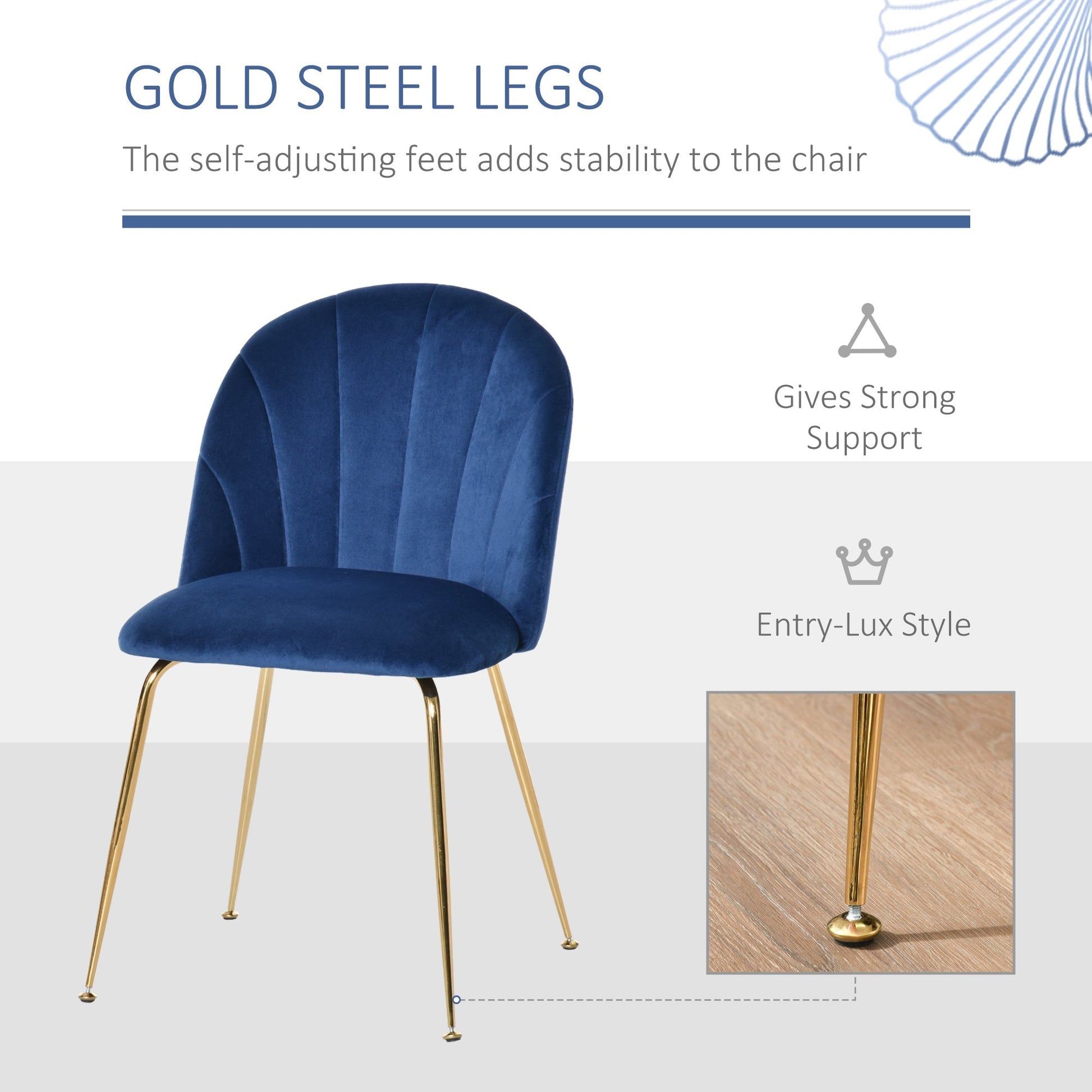 Modern Dining Chairs Set of 2, Upholstered Kitchen Chairs, Accent Chair with Gold Metal Legs for Kitchen, Dining Room, Blue Bar Stools   at Gallery Canada