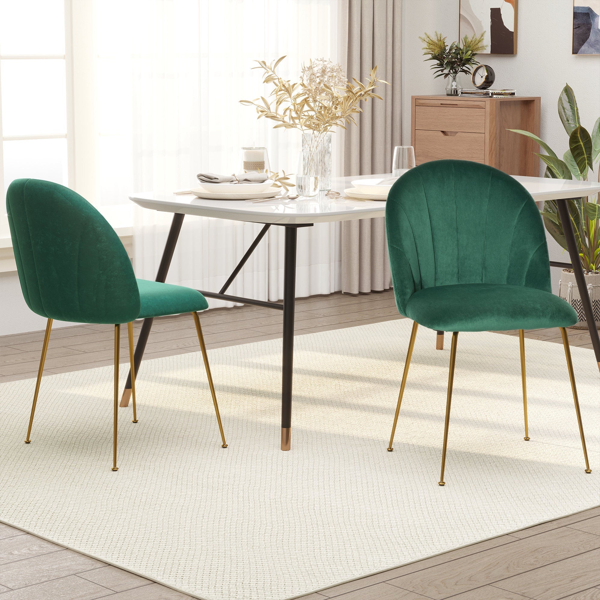 Modern Dining Chairs Set of 2, Upholstered Kitchen Chairs, Accent Chair with Gold Metal Legs for Kitchen, Dining Room, Green Bar Stools   at Gallery Canada