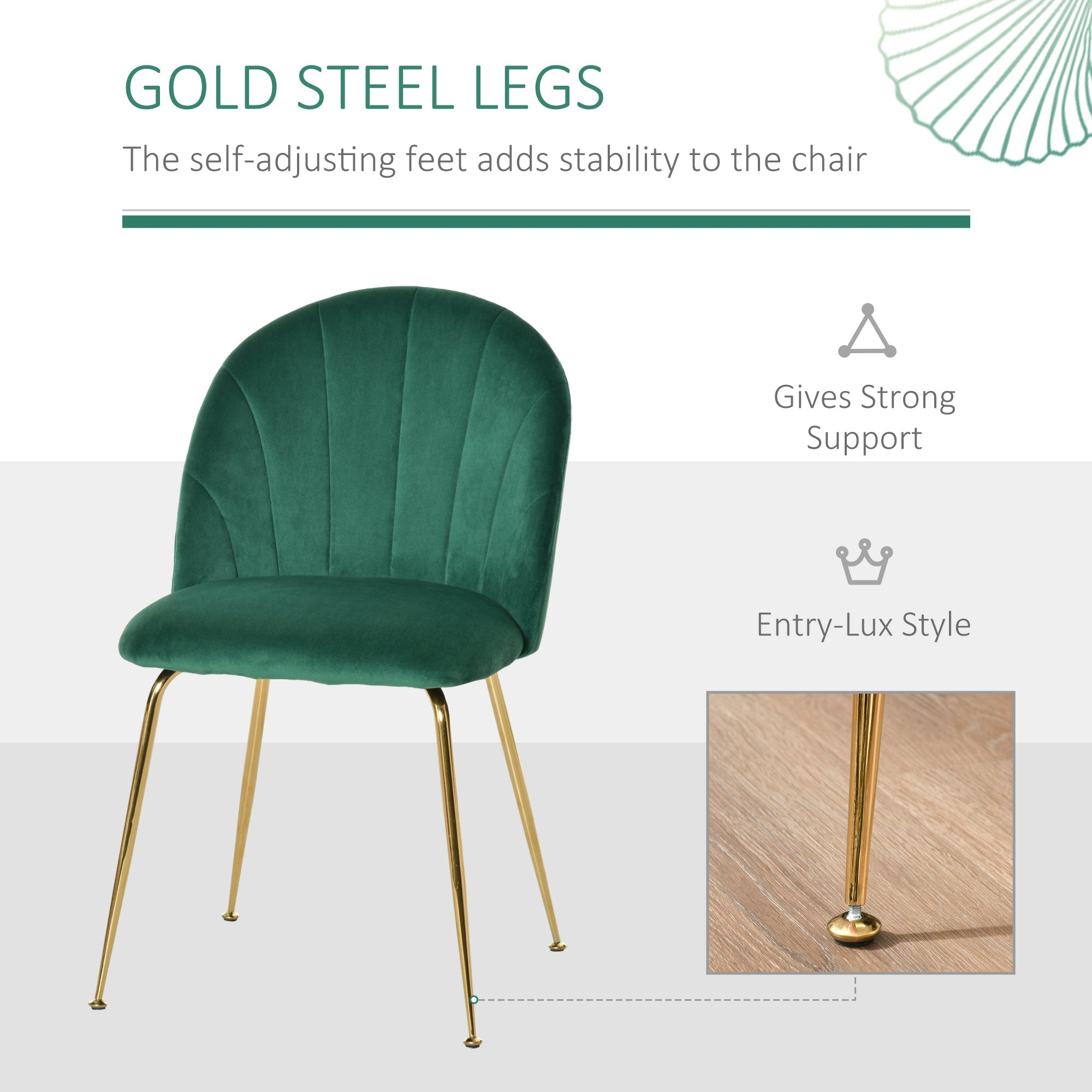 Modern Dining Chairs Set of 2, Upholstered Kitchen Chairs, Accent Chair with Gold Metal Legs for Kitchen, Dining Room, Green Bar Stools   at Gallery Canada