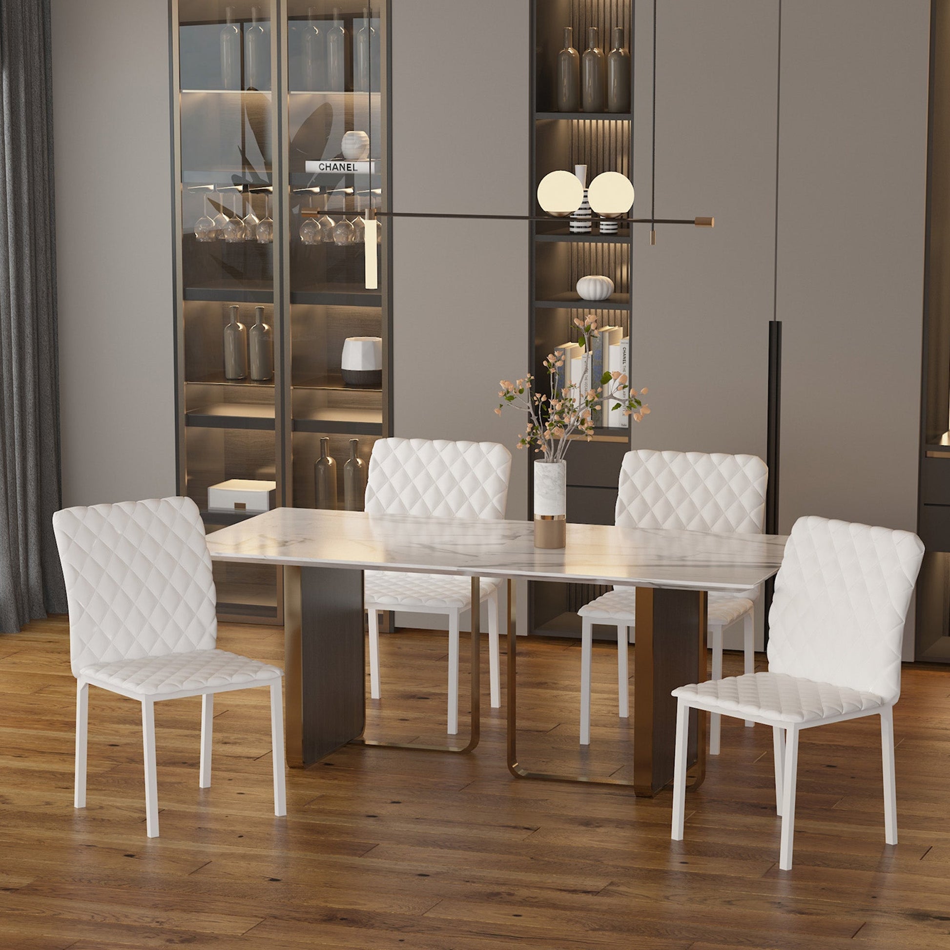 Modern Dining Chairs Set of 4, Upholstered Faux Leather Accent Chairs with Metal Legs for Kitchen, White Bar Stools   at Gallery Canada