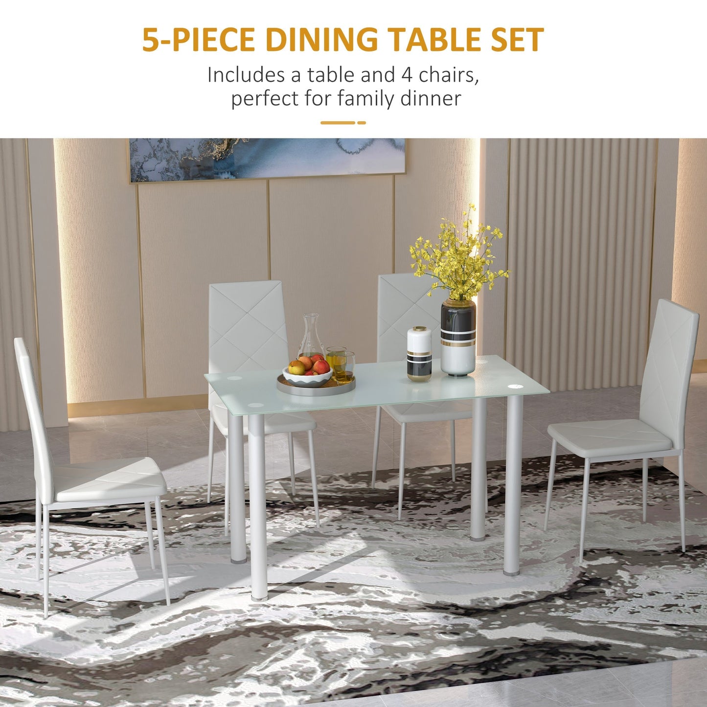 Modern Dining Table Set for 4, Space-Saving 5 Pieces Kitchen Table Set with Rectangle Table and Steel Frame, White Bar Sets   at Gallery Canada