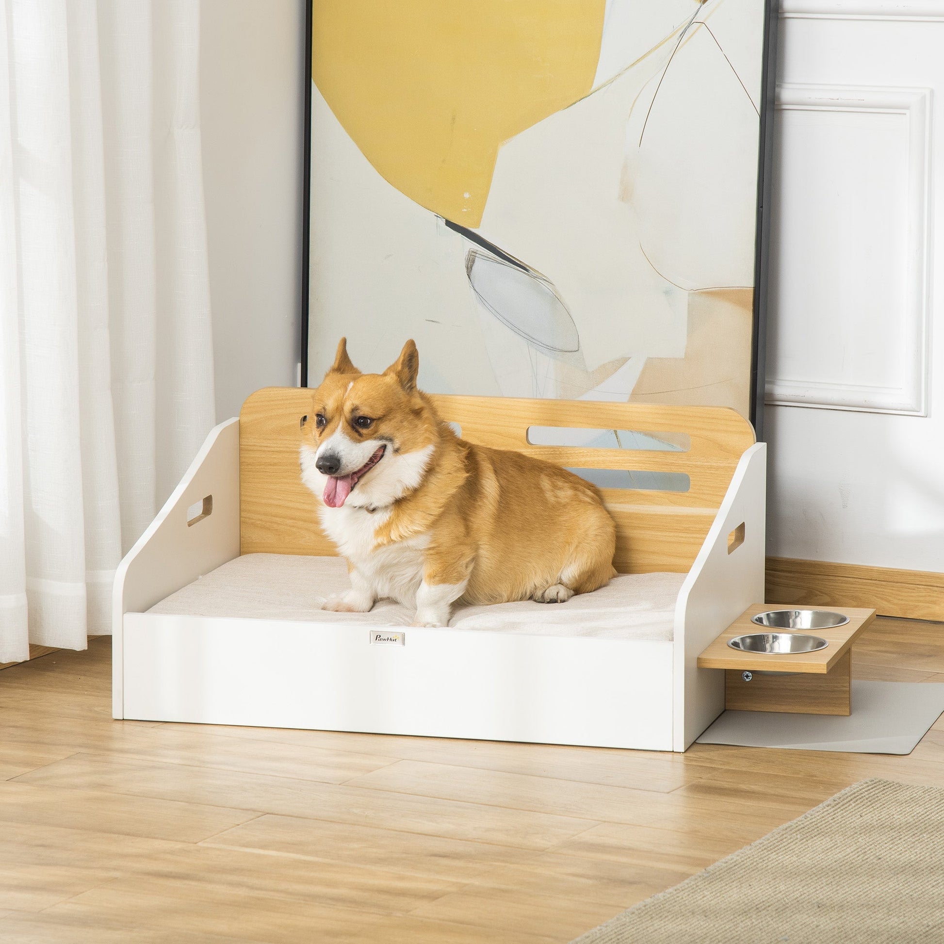 Modern Dog Bed Frame, Furniture Style Pet Sofa, Cat Couch, with Soft Cushion, Washable Cover, 2 Feeding Bowls, Handles, for Small and Medium Sized Dog Elevated Dog Beds   at Gallery Canada