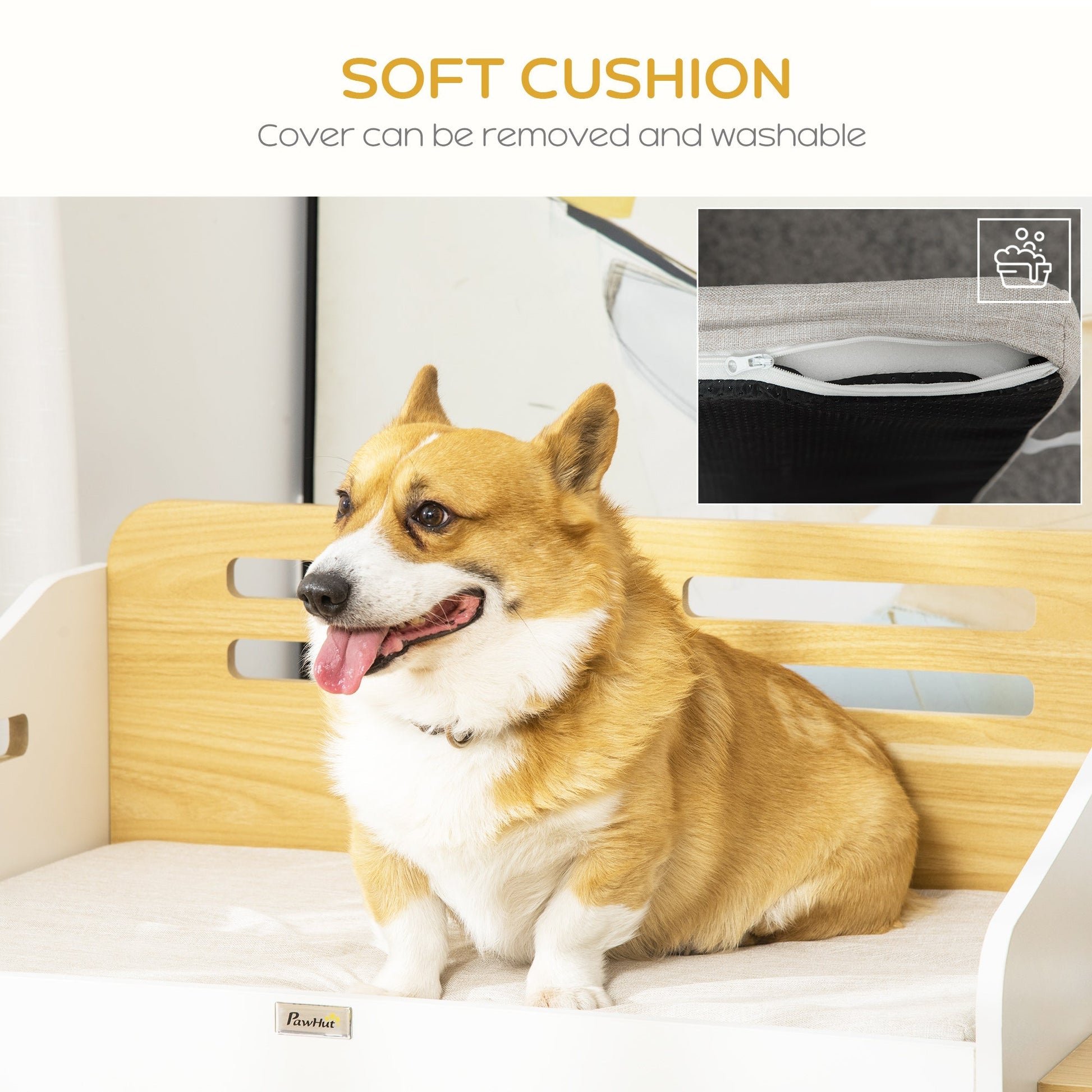 Modern Dog Bed Frame, Furniture Style Pet Sofa, Cat Couch, with Soft Cushion, Washable Cover, 2 Feeding Bowls, Handles, for Small and Medium Sized Dog - Gallery Canada