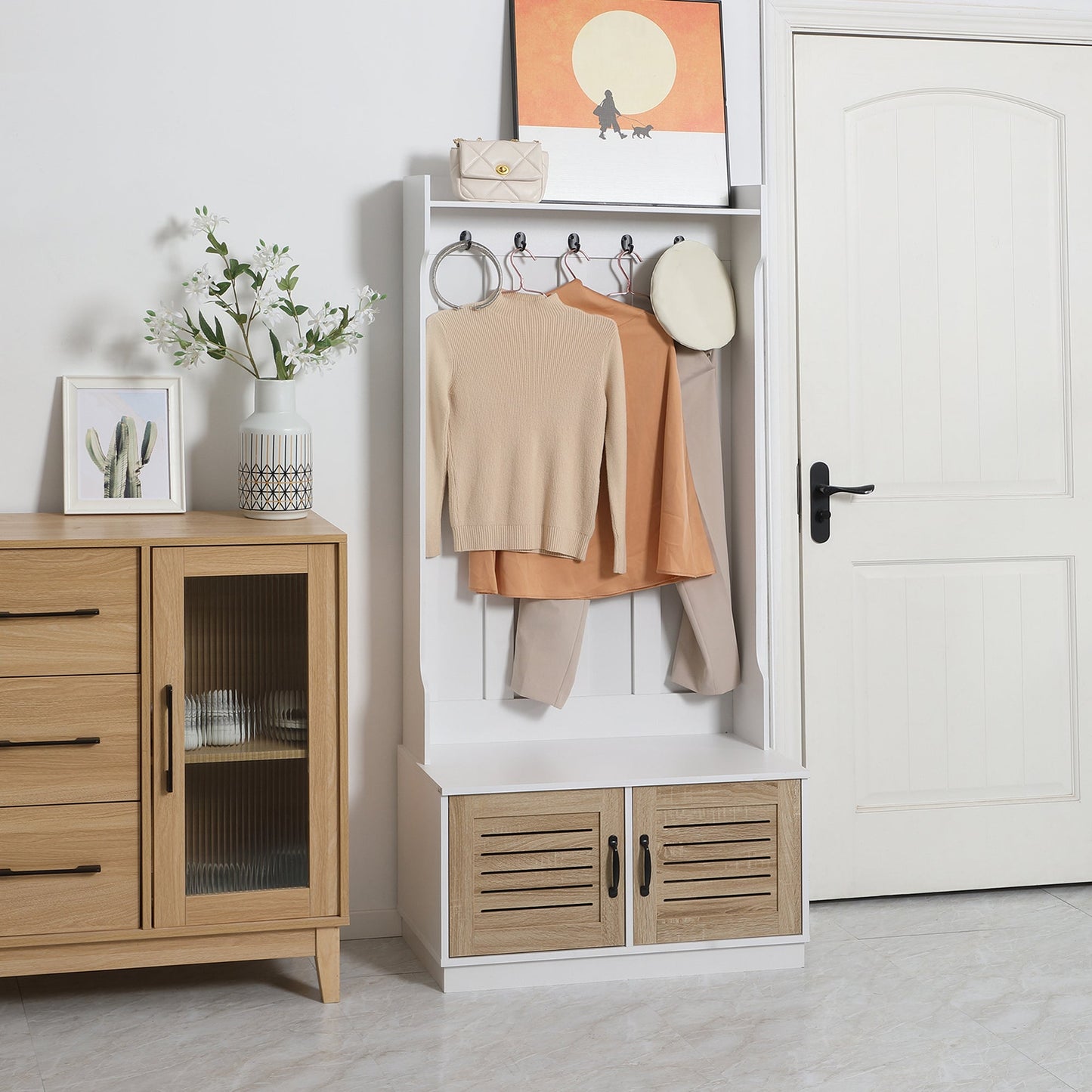 Modern Hall Tree, Entryway Coat Rack with Shoe Bench, 5 Hooks, Storage Shelf and Slatted Door Cabinet for Hallway, White Clothing Storage   at Gallery Canada