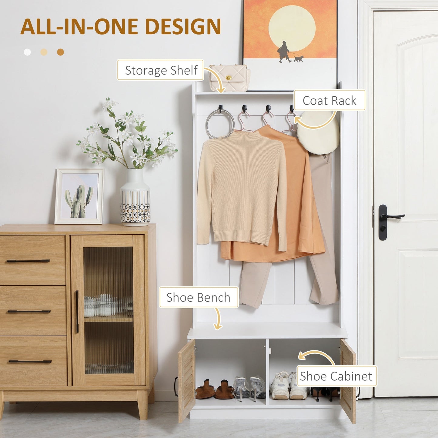 Modern Hall Tree, Entryway Coat Rack with Shoe Bench, 5 Hooks, Storage Shelf and Slatted Door Cabinet for Hallway, White Clothing Storage   at Gallery Canada