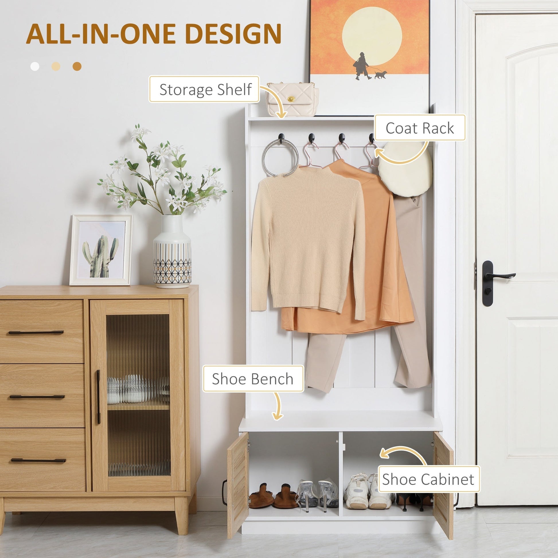 Modern Hall Tree, Entryway Coat Rack with Shoe Bench, 5 Hooks, Storage Shelf and Slatted Door Cabinet for Hallway, White Clothing Storage   at Gallery Canada