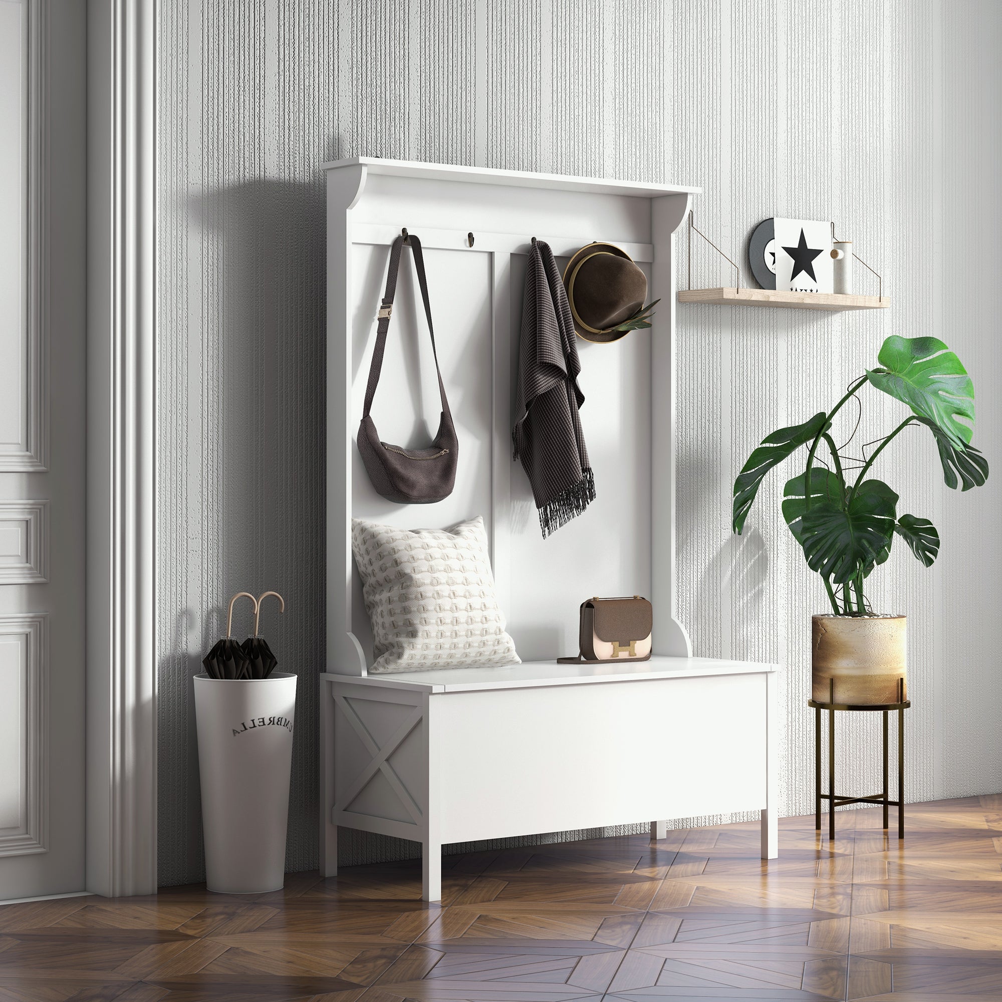 Modern Hall Tree, Shoe Bench with Hidden Storage Space, 4 Hooks and Top Shelf, Freestanding Coat Rack Stand for Entryway, White Clothing Storage   at Gallery Canada