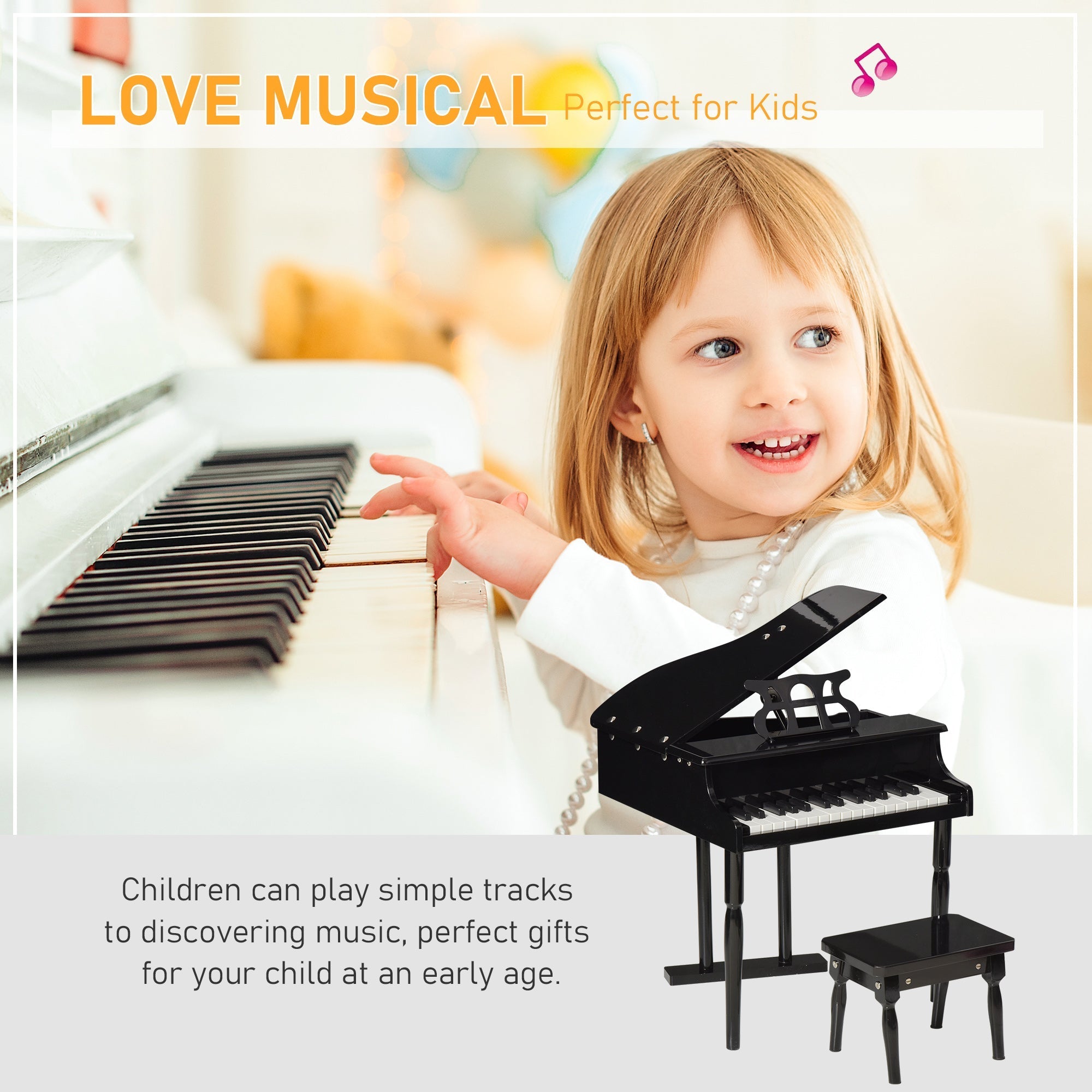 Modern Kids Piano, 30 Keys, Set of 2, Mini Toy for Child, Grand Piano with Music Stand and Bench, Ideal Gift, Black Electronic Musical Pianos   at Gallery Canada