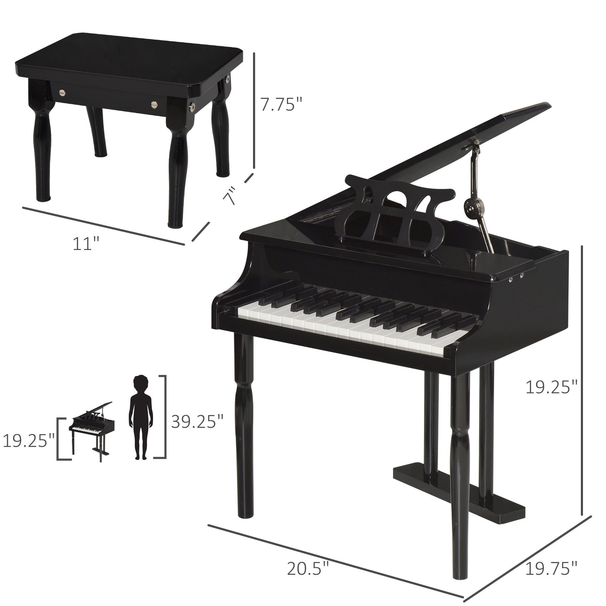 Modern Kids Piano, 30 Keys, Set of 2, Mini Toy for Child, Grand Piano with Music Stand and Bench, Ideal Gift, Black Electronic Musical Pianos   at Gallery Canada