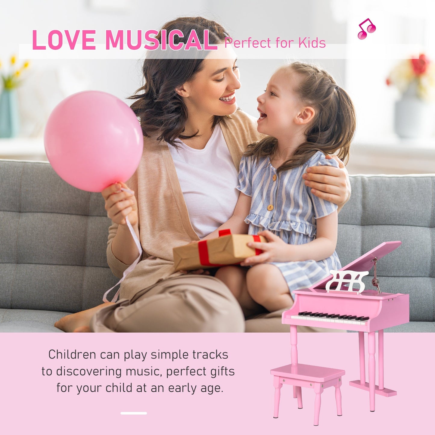 Modern Kids Piano, 30 Keys, Set of 2, Mini Toy for Child, Grand Piano with Music Stand and Bench, Ideal Gift, Pink - Gallery Canada