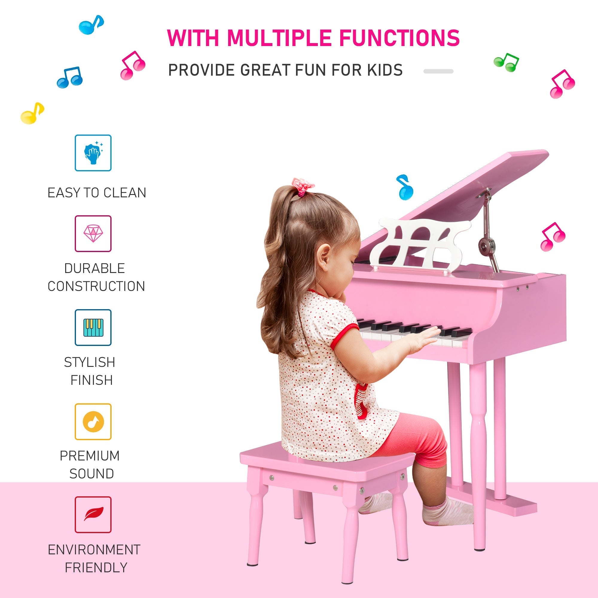 Modern Kids Piano, 30 Keys, Set of 2, Mini Toy for Child, Grand Piano with Music Stand and Bench, Ideal Gift, Pink Electronic Musical Pianos   at Gallery Canada