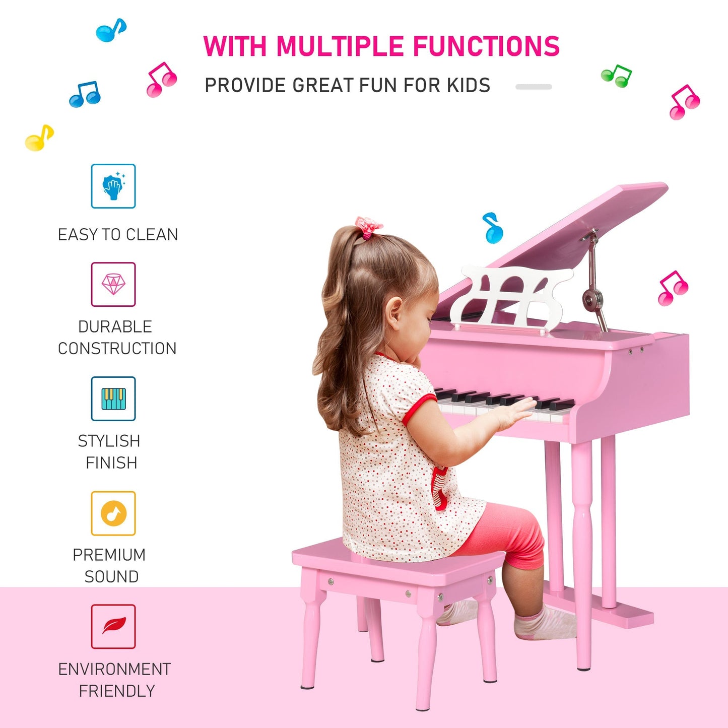 Modern Kids Piano, 30 Keys, Set of 2, Mini Toy for Child, Grand Piano with Music Stand and Bench, Ideal Gift, Pink - Gallery Canada