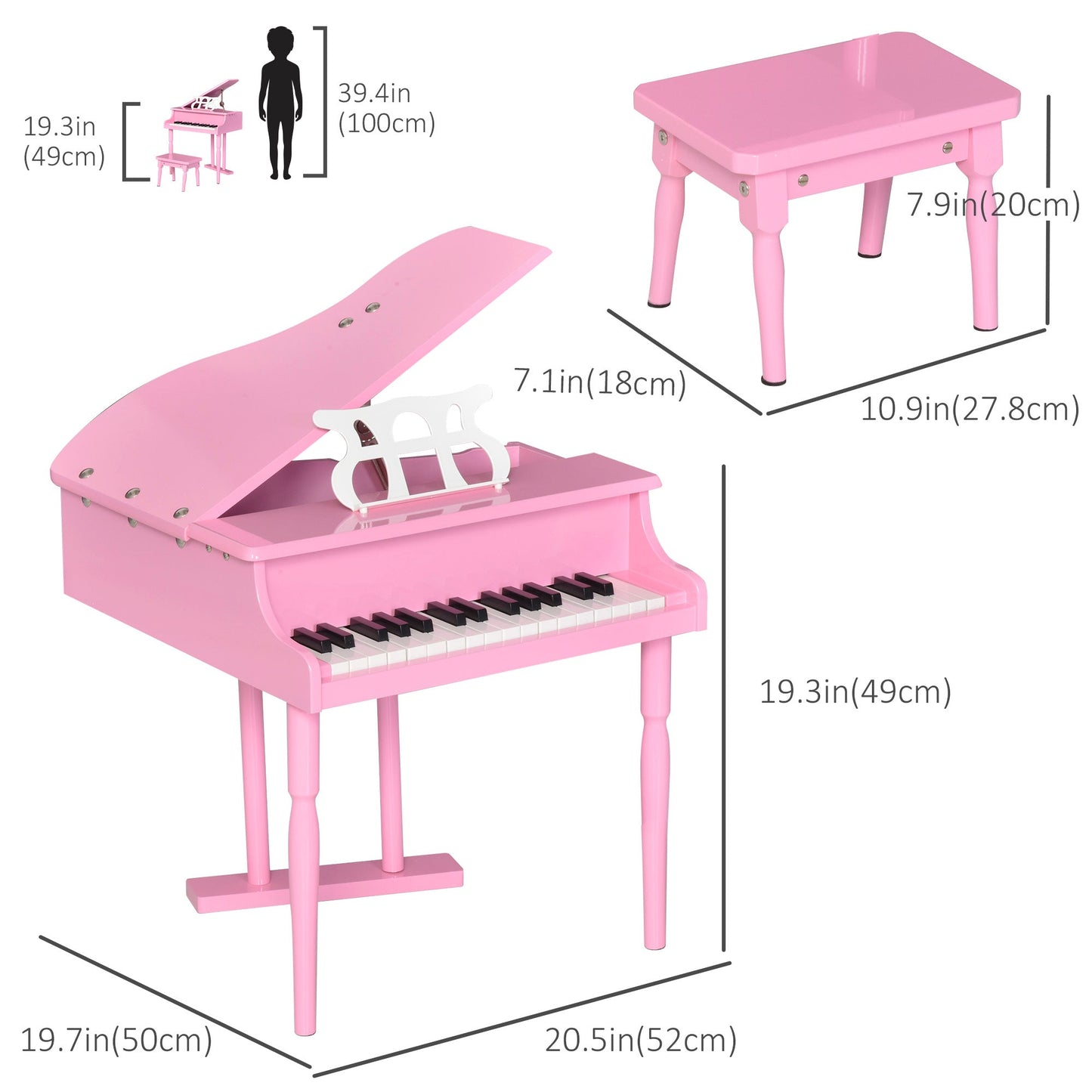 Modern Kids Piano, 30 Keys, Set of 2, Mini Toy for Child, Grand Piano with Music Stand and Bench, Ideal Gift, Pink - Gallery Canada