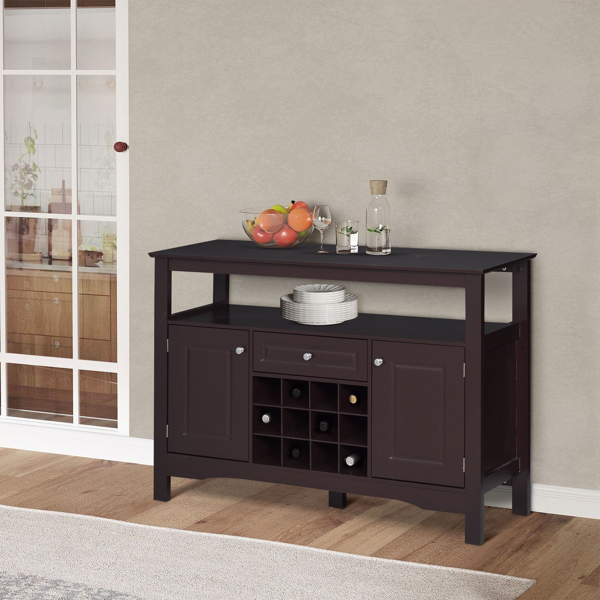 Modern Kitchen Buffet Bar Cabinet Storage Sideboard Dining Server with Drawer &; 12-Bottle Wine Rack for Living Room, Espresso Bar Cabinets   at Gallery Canada