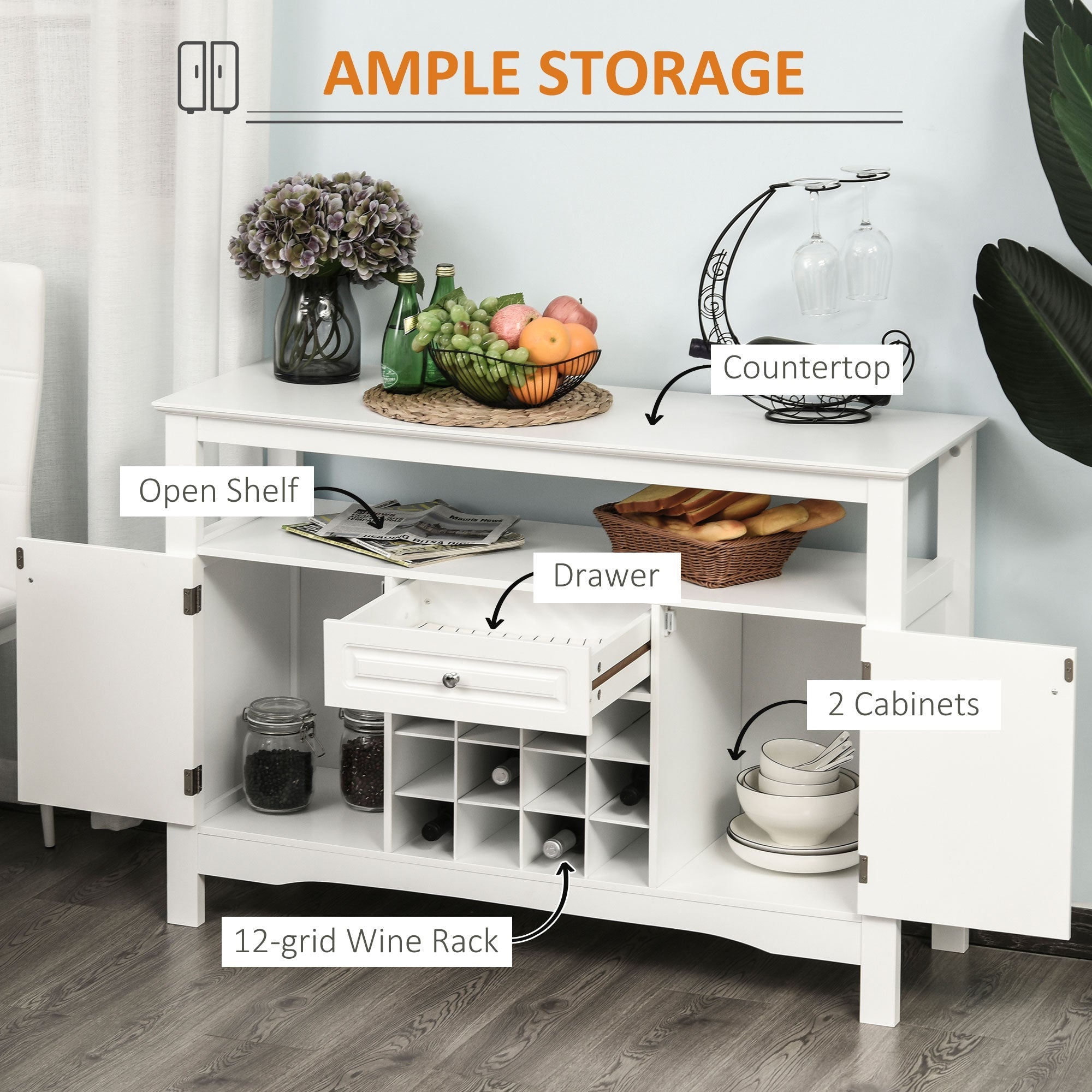 Modern Kitchen Buffet Bar Cabinet Storage Sideboard Dining Server with Drawer &; 12-Bottle Wine Rack for Living Room, White Bar Cabinets   at Gallery Canada