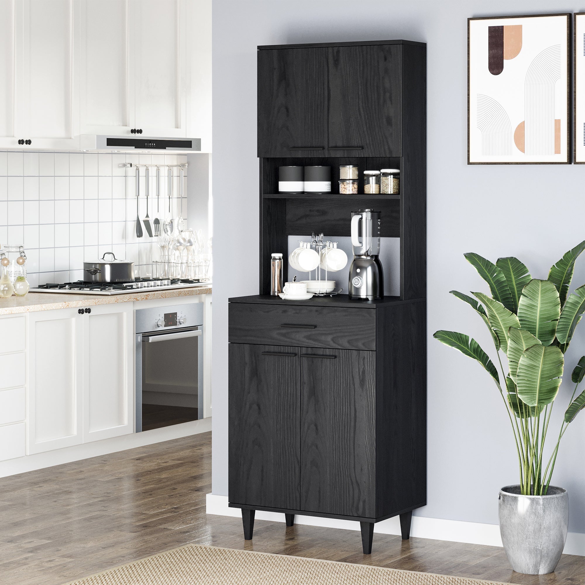 Modern Kitchen Buffet with Hutch Wooden Storage Cupboard with Microwave Counter 2 Cabinet and Drawer for Dining Room Living Room Black Kitchen Pantry Cabinets   at Gallery Canada