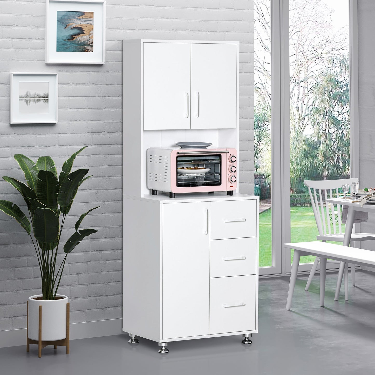 Modern Kitchen Cupboard with Storage Cabinet Hutch, 2 Cabinets, 3 Drawers and Open Countertop, White Kitchen Pantry Cabinets   at Gallery Canada