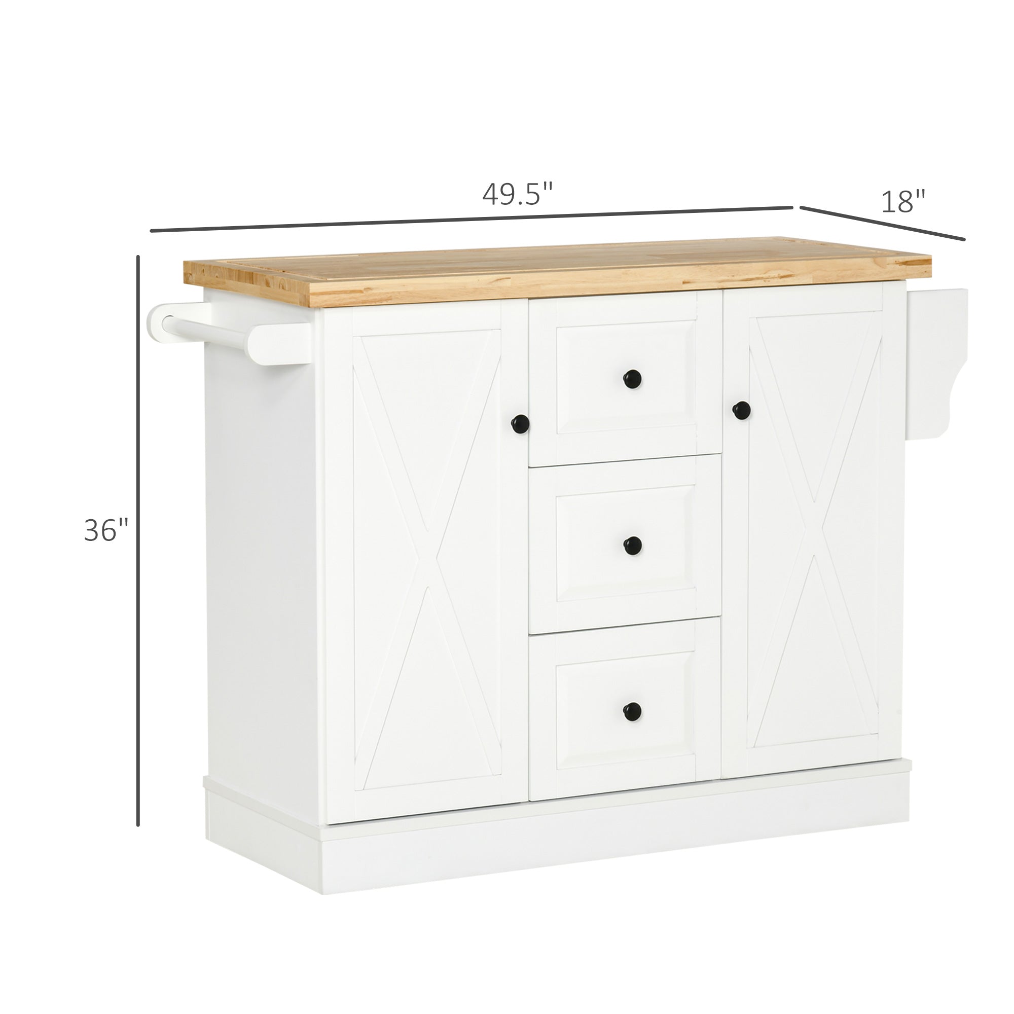 Modern Kitchen Island, Utility Cart on Wheels with Barn Door, Buffet Cabinet with 3 Drawers 2 Compartments, White Kitchen Islands & Kitchen Carts   at Gallery Canada