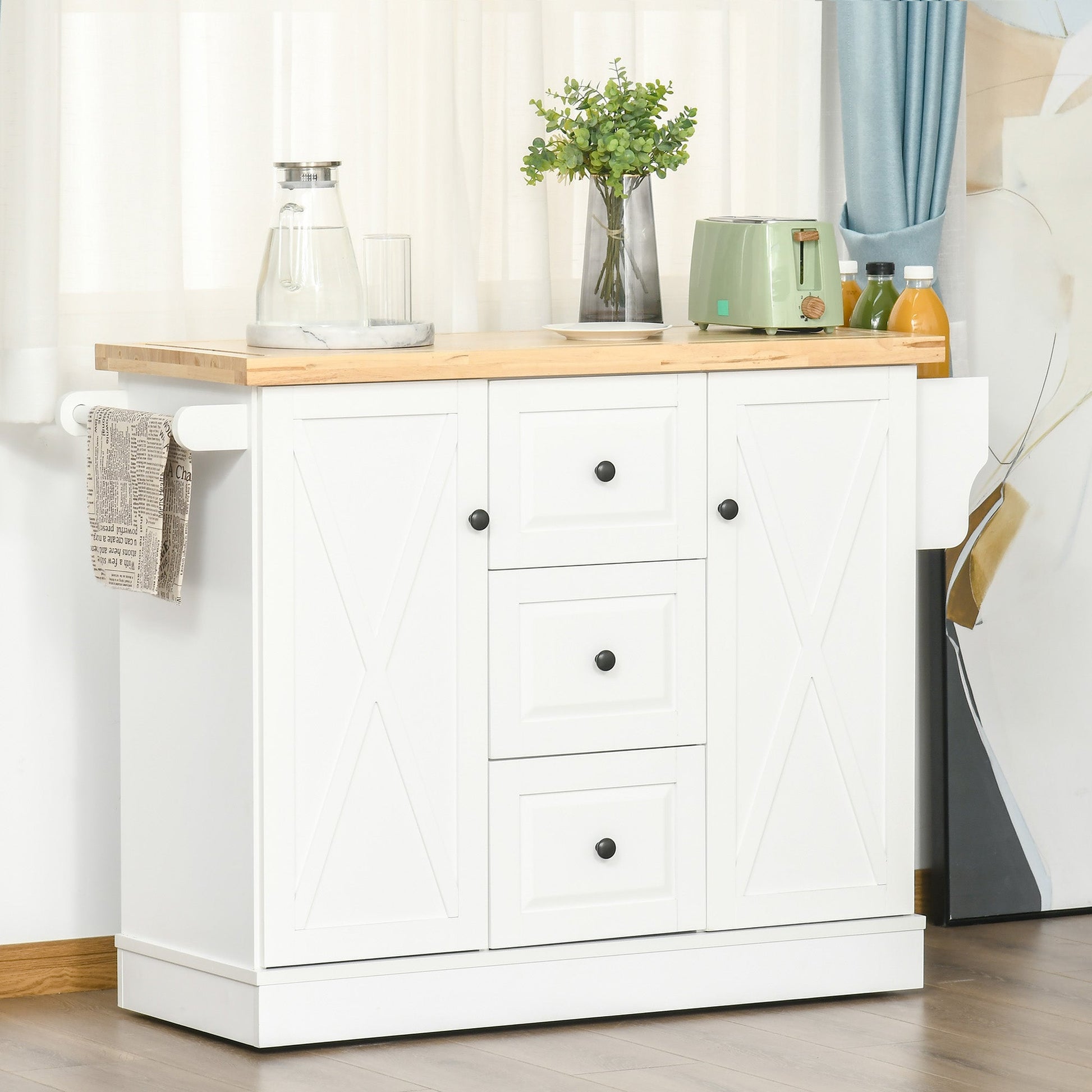 Modern Kitchen Island, Utility Cart on Wheels with Barn Door, Buffet Cabinet with 3 Drawers 2 Compartments, White Kitchen Islands & Kitchen Carts   at Gallery Canada