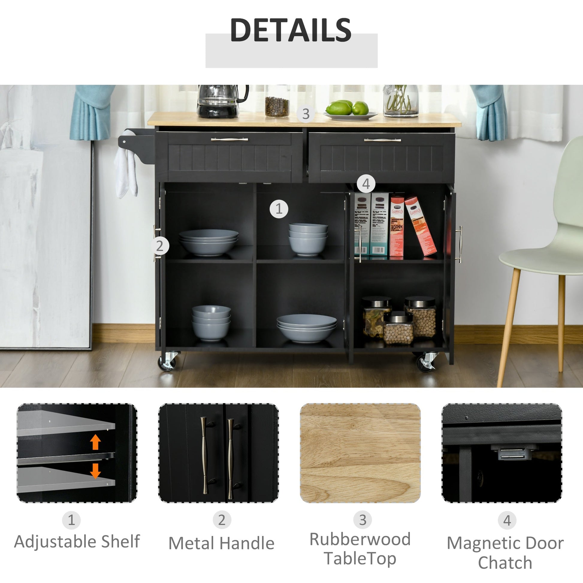 Modern Kitchen Island, Utility Kitchen Serving Cart with 2 Storage Drawers &; Cabinets for Dining Room, Black Kitchen Islands & Kitchen Carts   at Gallery Canada