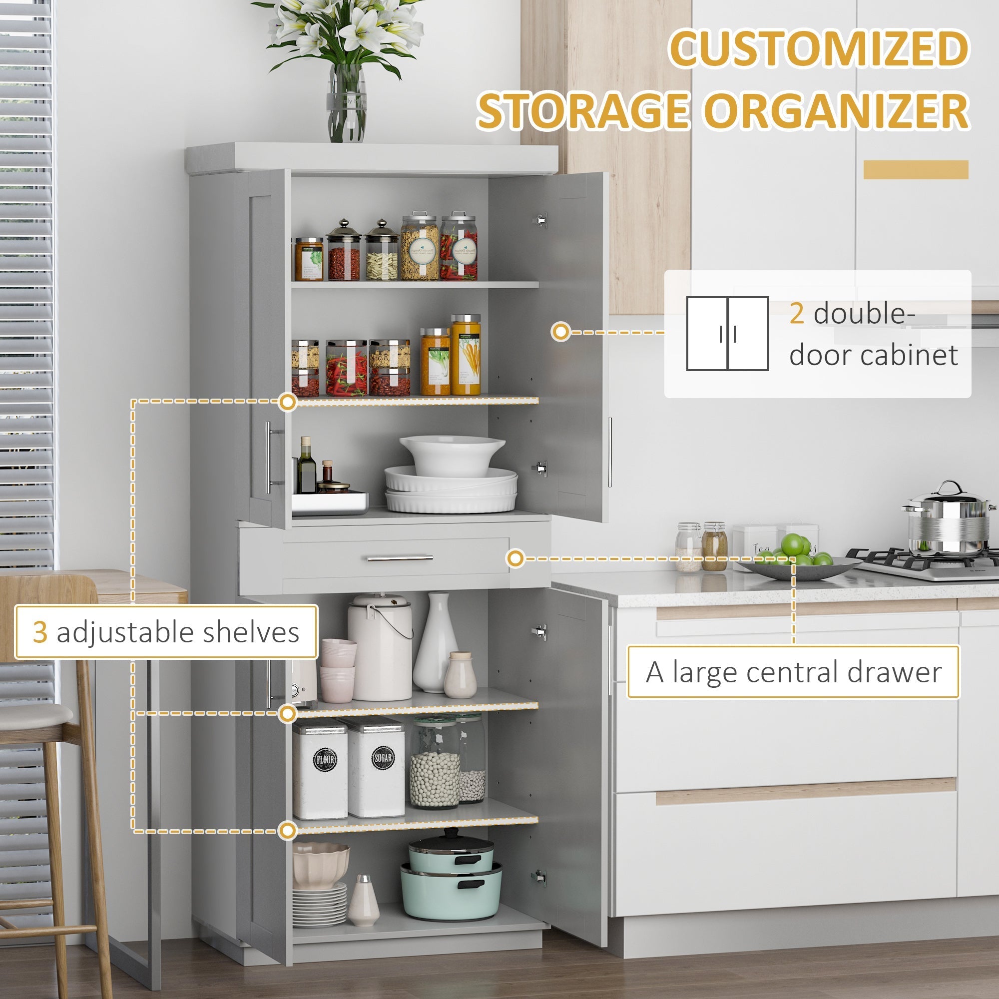 Modern Kitchen Pantry Freestanding Cabinet Cupboard with Doors and Shelves, Adjustable Shelving, Grey Kitchen Pantry Cabinets   at Gallery Canada