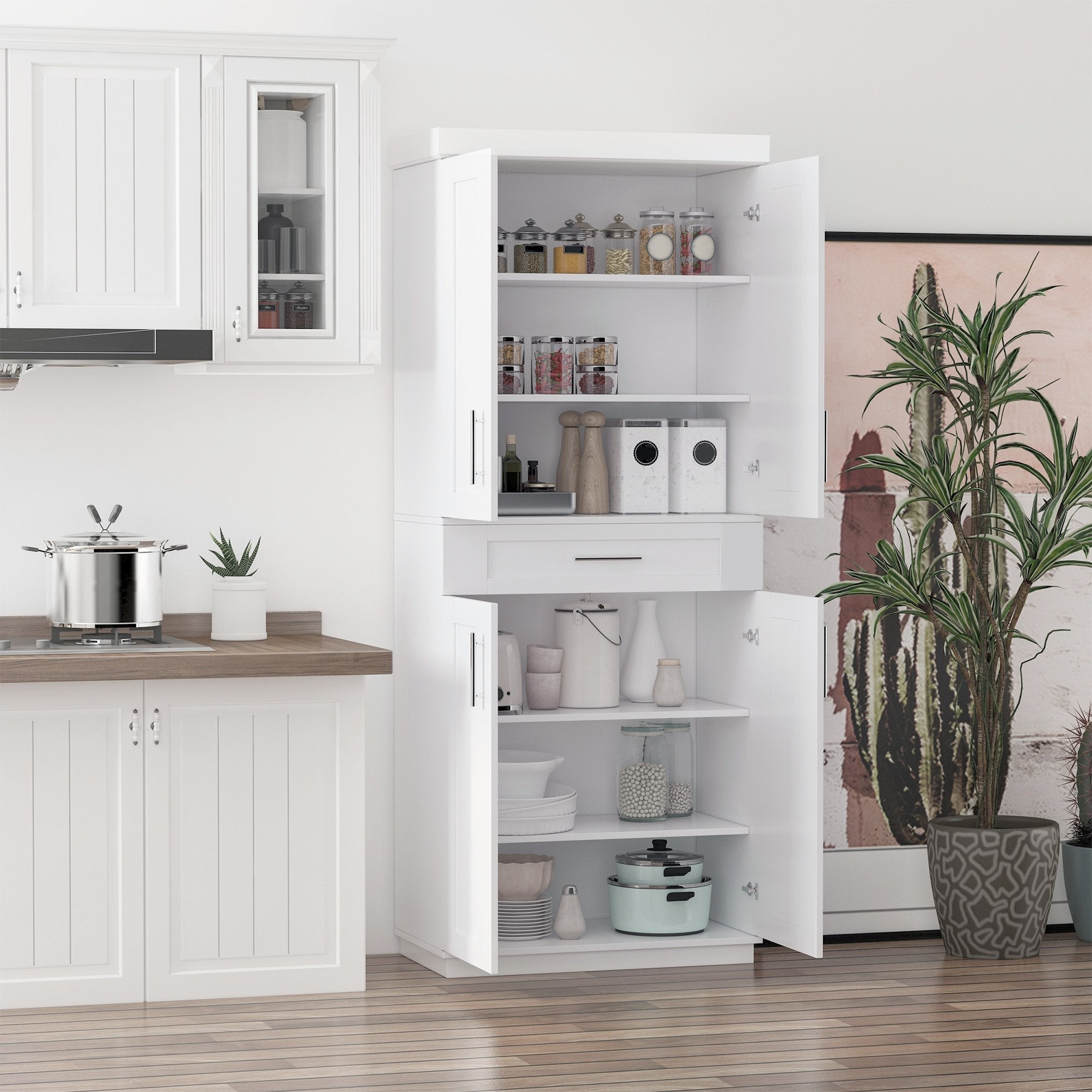 Modern Kitchen Pantry Freestanding Cabinet Cupboard with Doors and Shelves, Adjustable Shelving, White Kitchen Pantry Cabinets   at Gallery Canada