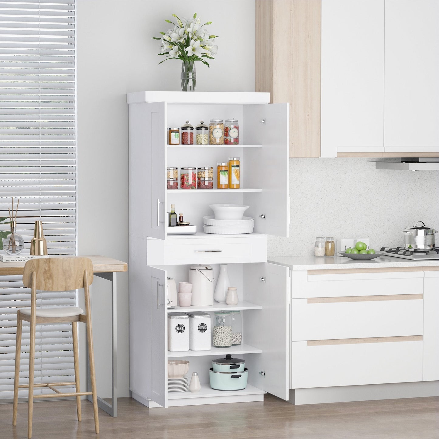 Modern Kitchen Pantry Freestanding Cabinet Cupboard with Doors and Shelves, Adjustable Shelving, White Kitchen Pantry Cabinets   at Gallery Canada