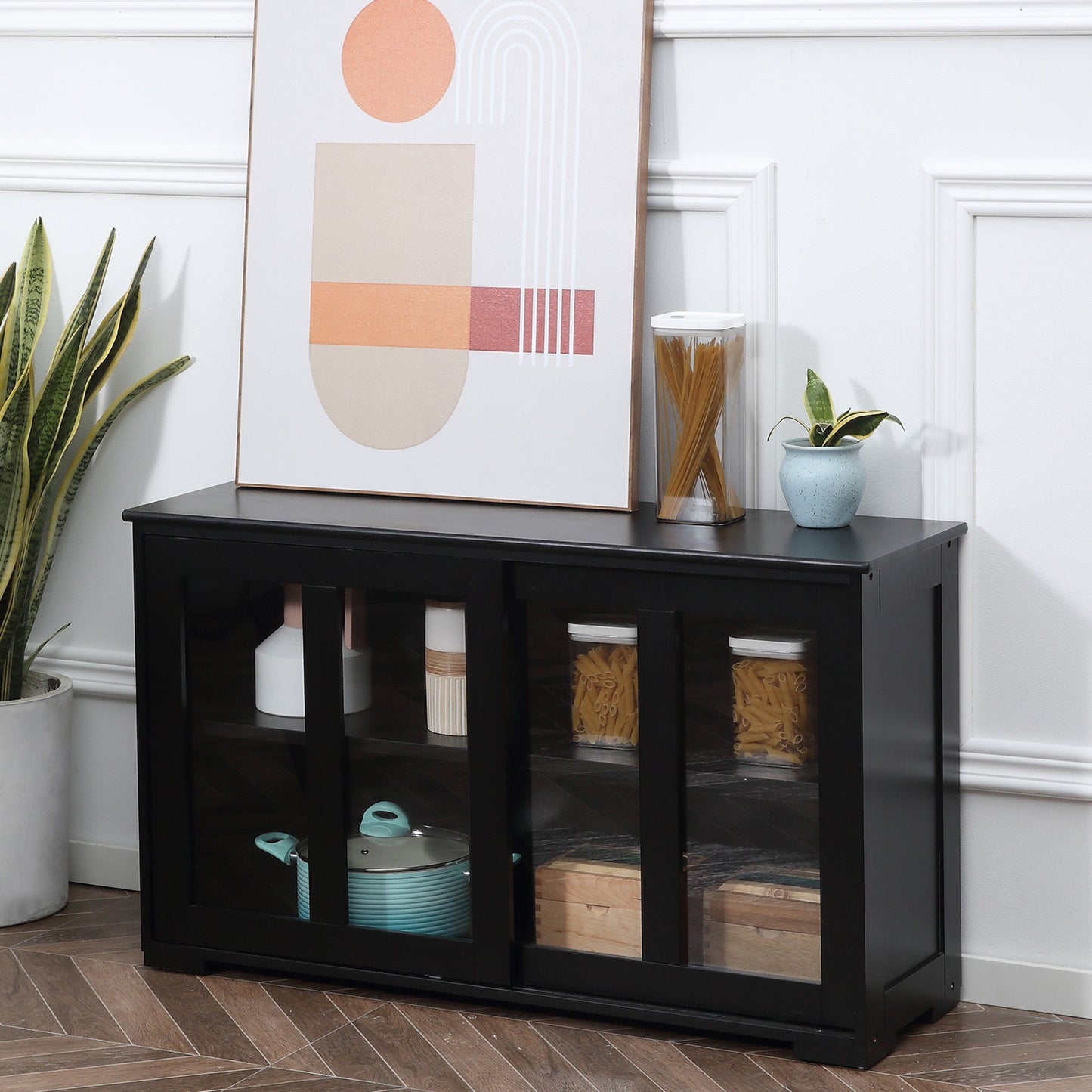 Modern Kitchen Sideboard, Stackable Storage Cabinet, Sliding Glass Door Console, Cupboard Serving Buffet for Kitchen &; Dining Room, Black Bar Cabinets   at Gallery Canada