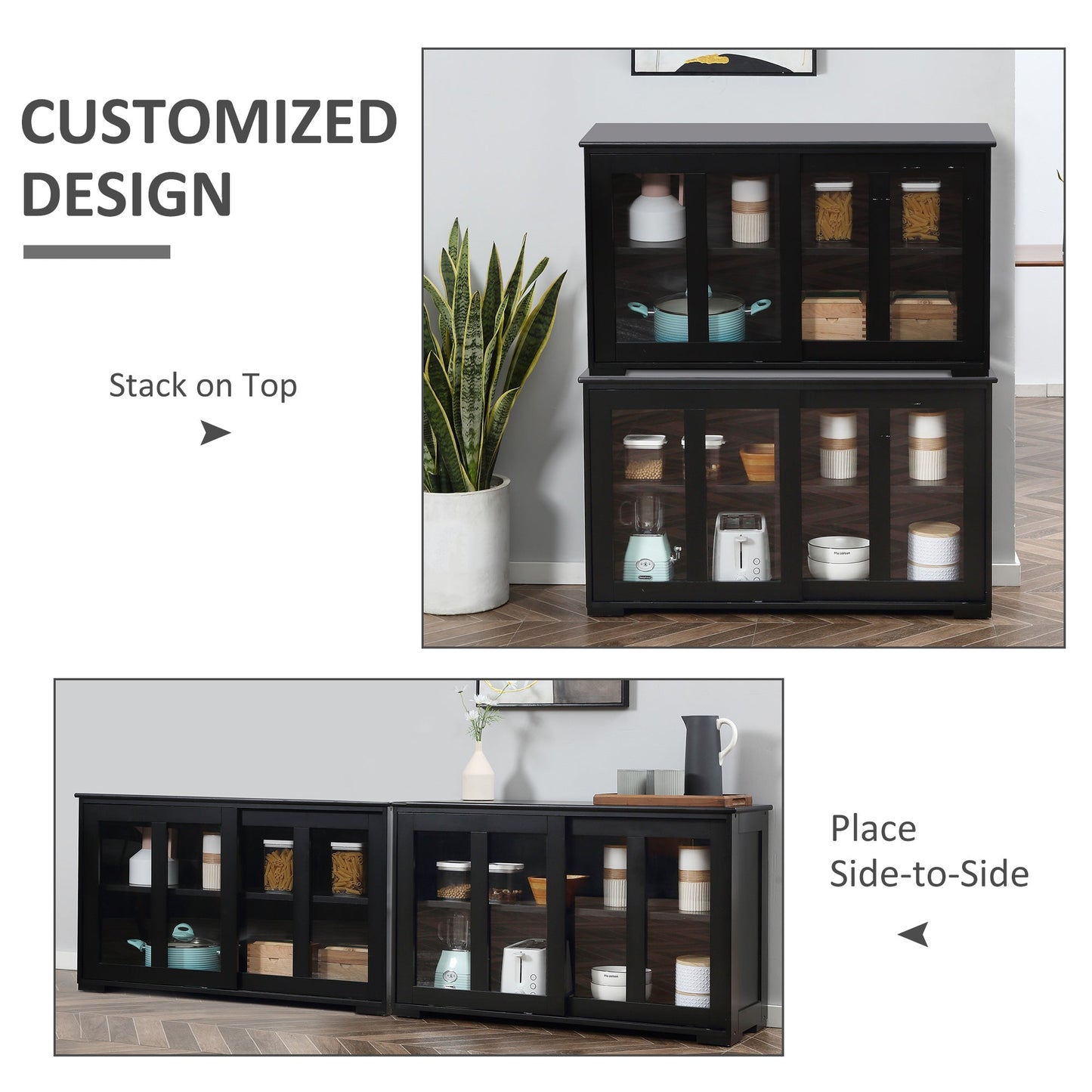 Modern Kitchen Sideboard, Stackable Storage Cabinet, Sliding Glass Door Console, Cupboard Serving Buffet for Kitchen &; Dining Room, Black Bar Cabinets   at Gallery Canada