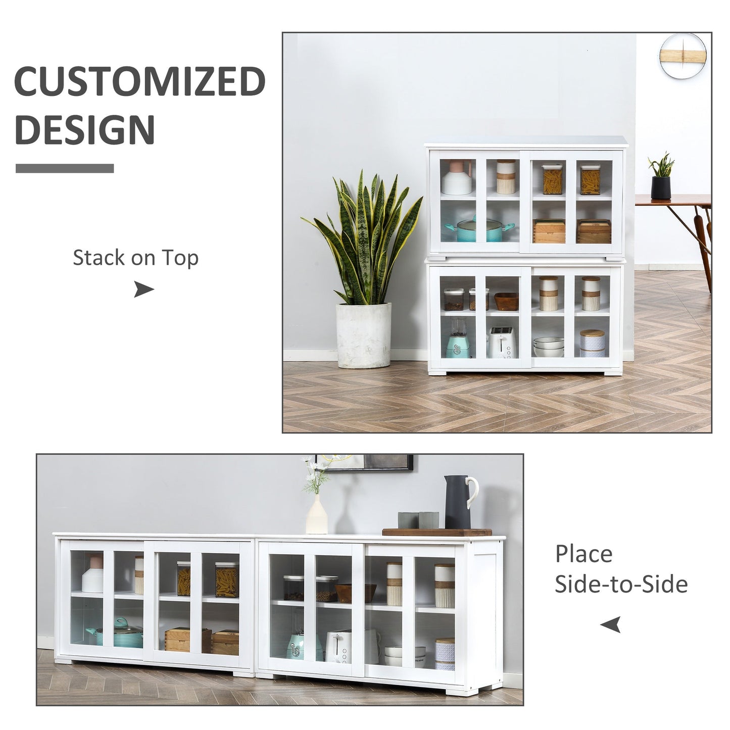 Modern Kitchen Sideboard, Stackable Storage Cabinet, Sliding Glass Door Console, Cupboard Serving Buffet for Kitchen &; Dining Room, White Bar Cabinets   at Gallery Canada