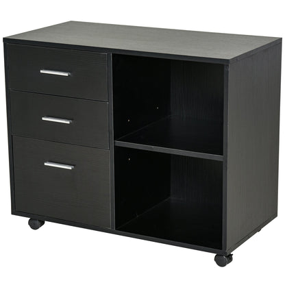 Modern Lateral Filing Cabinet, 3 Drawer File Cabinet, Mobile, Printer Stand with Open Shelves, Rolling Wheels, Black Office Cabinets & Cupboards   at Gallery Canada