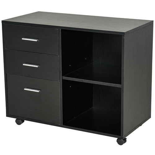 Modern Lateral Filing Cabinet, 3 Drawer File Cabinet, Mobile, Printer Stand with Open Shelves, Rolling Wheels, Black